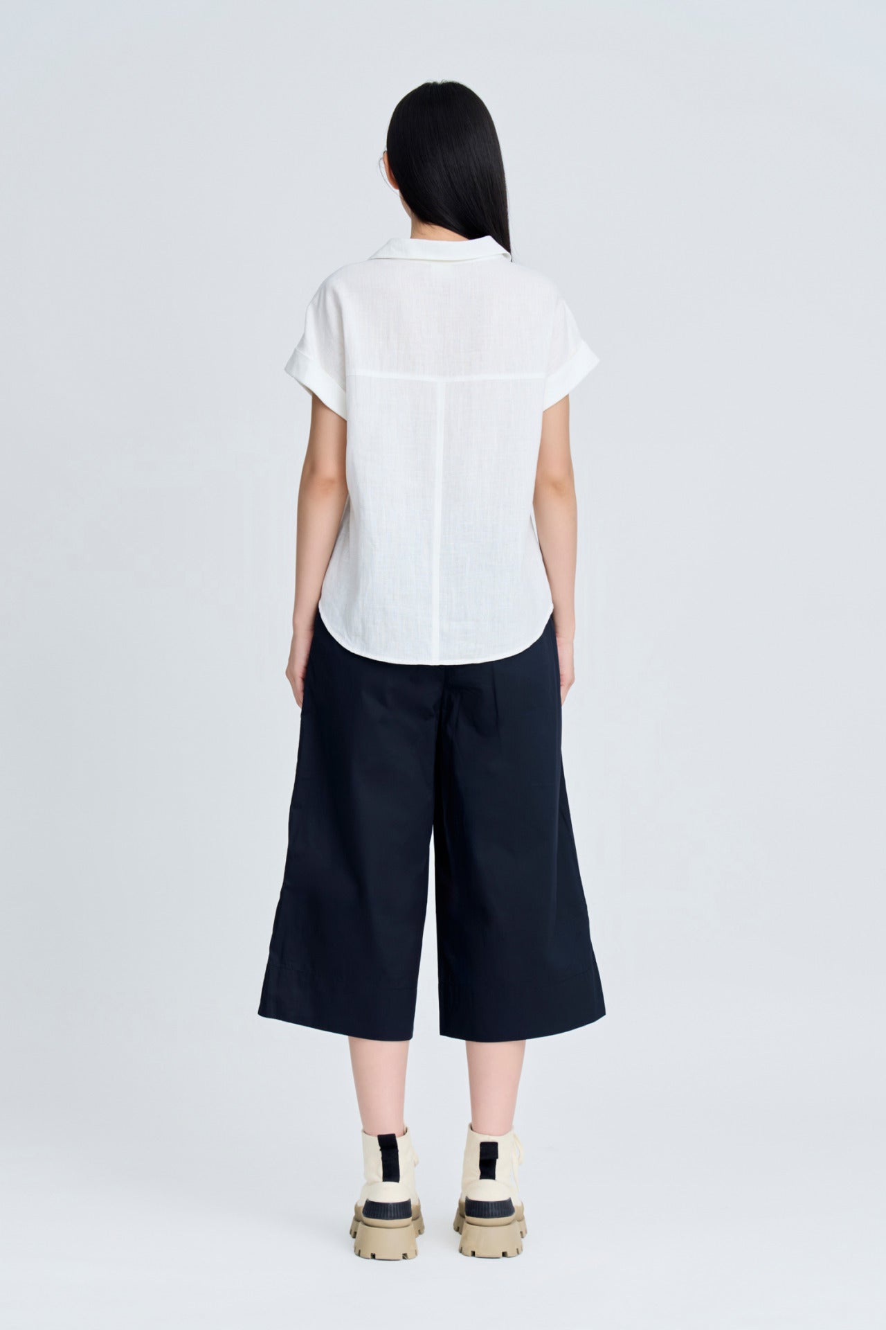 V-Collared Cap Sleeve Blouse - Cream