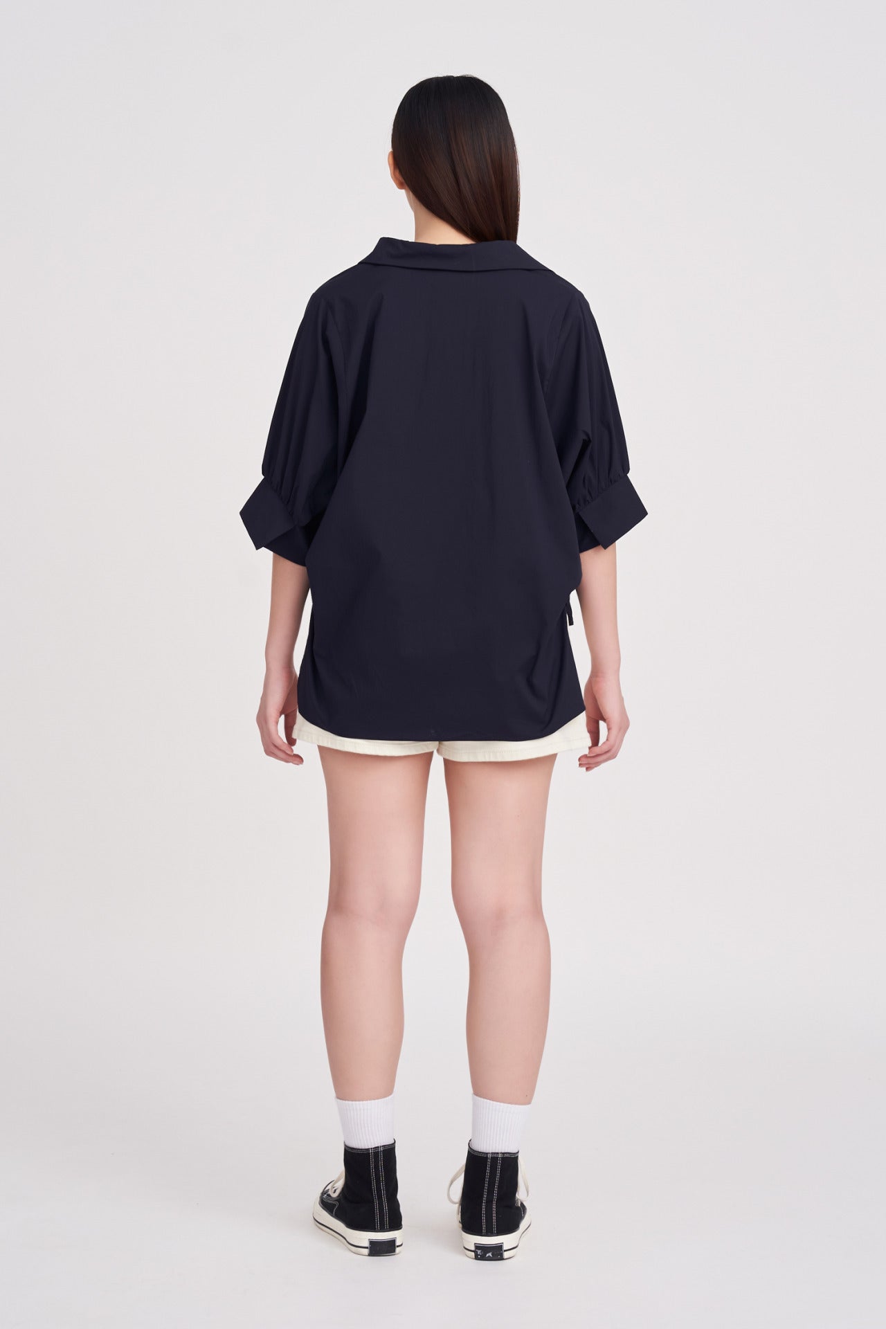 Cotton Puff Sleeve Blouse - Navy