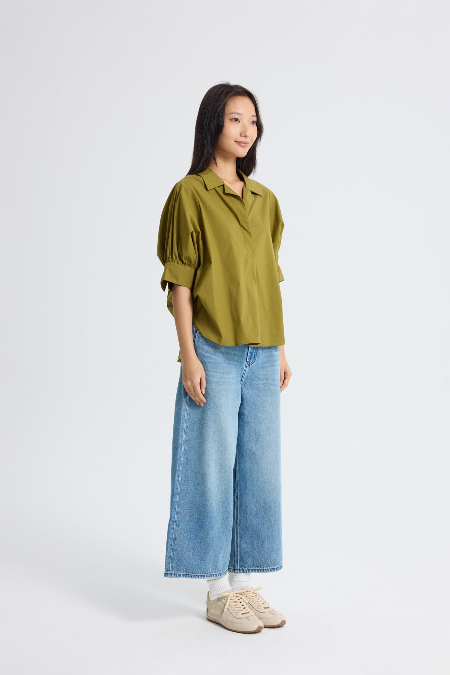 Cotton Puff Sleeve Blouse - Olive