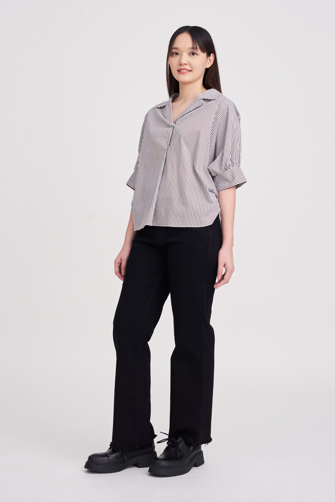 Cotton Striped Puff Sleeve Blouse - Cocoa Stripes