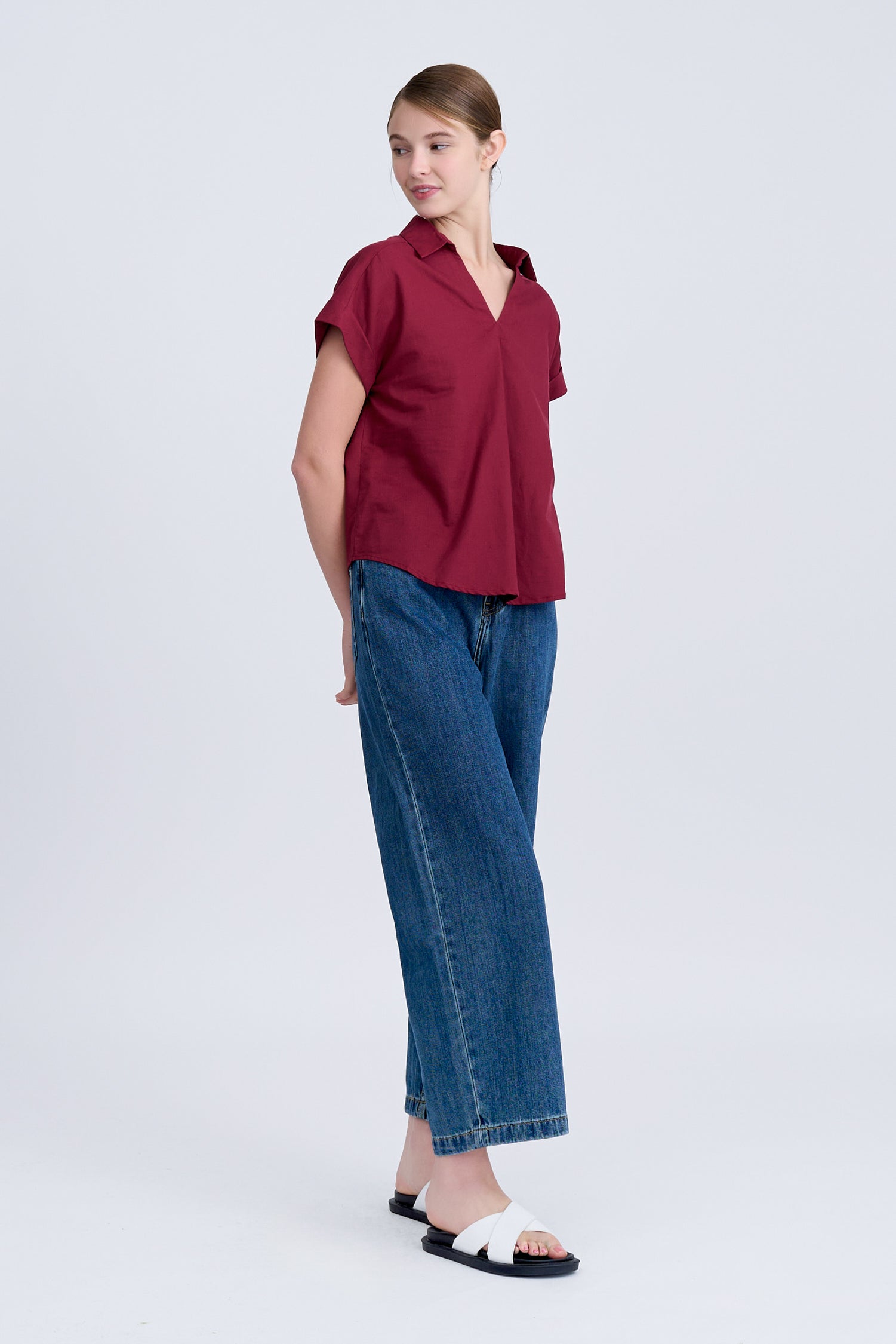 V-Collared Cap Sleeve Blouse - Burgundy