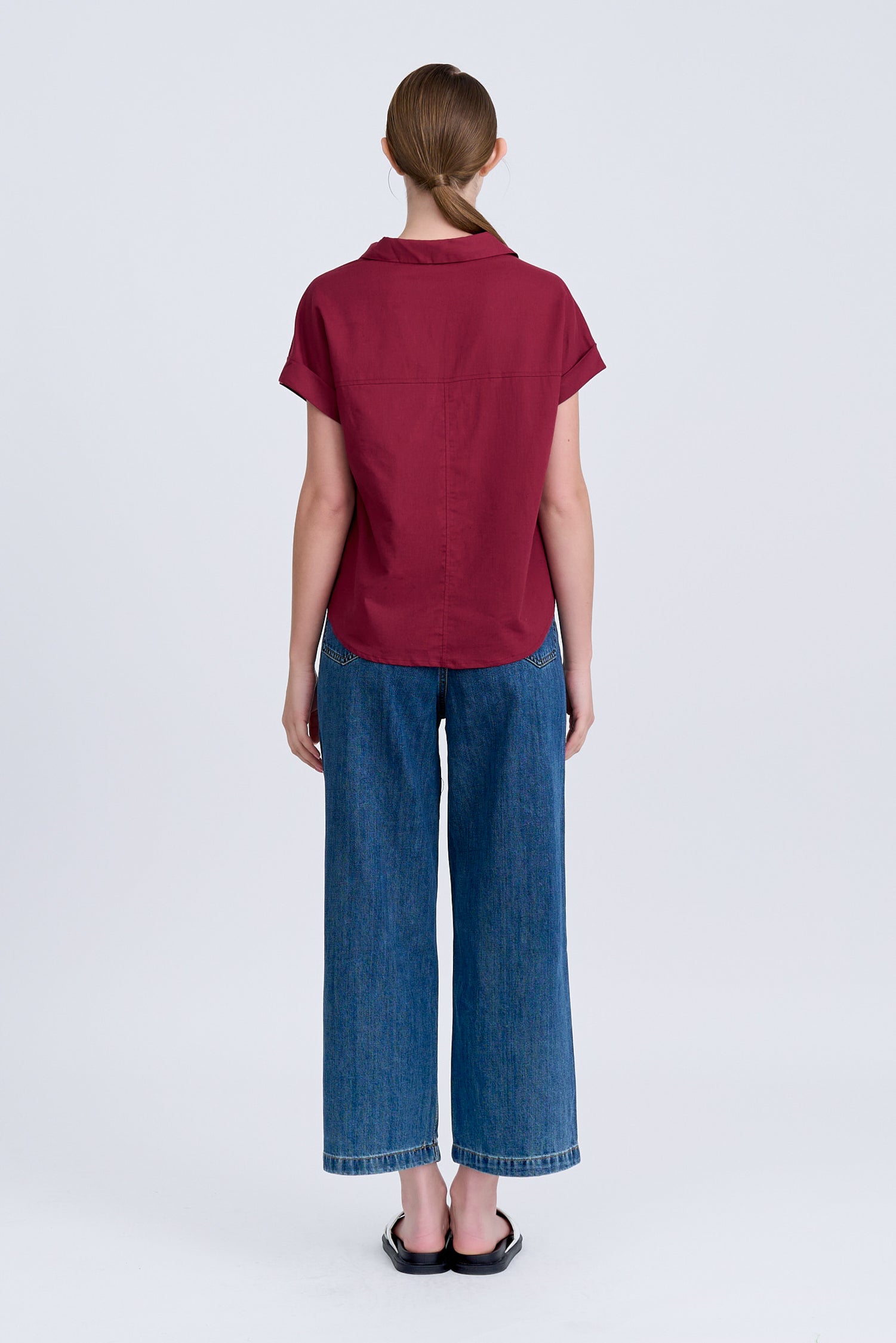 V-Collared Cap Sleeve Blouse - Burgundy