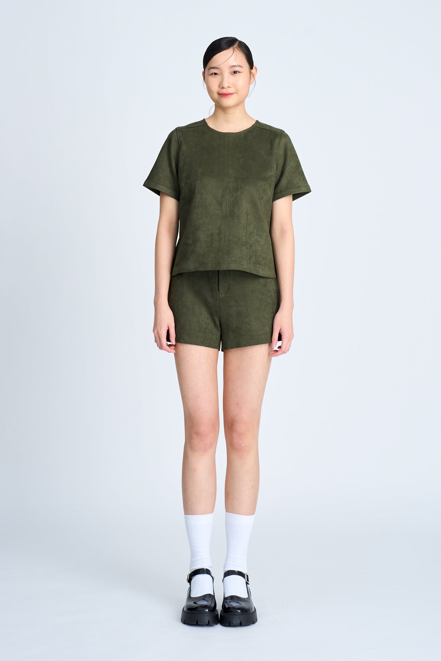 Suede Short Sleeve Blouse - Army Green