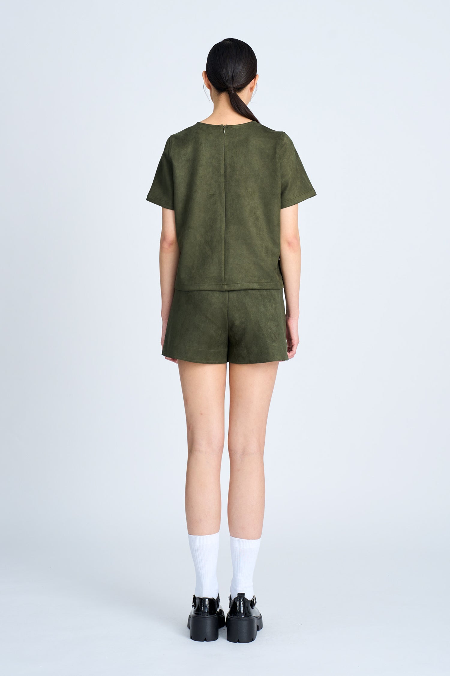 Suede Short Sleeve Blouse - Army Green