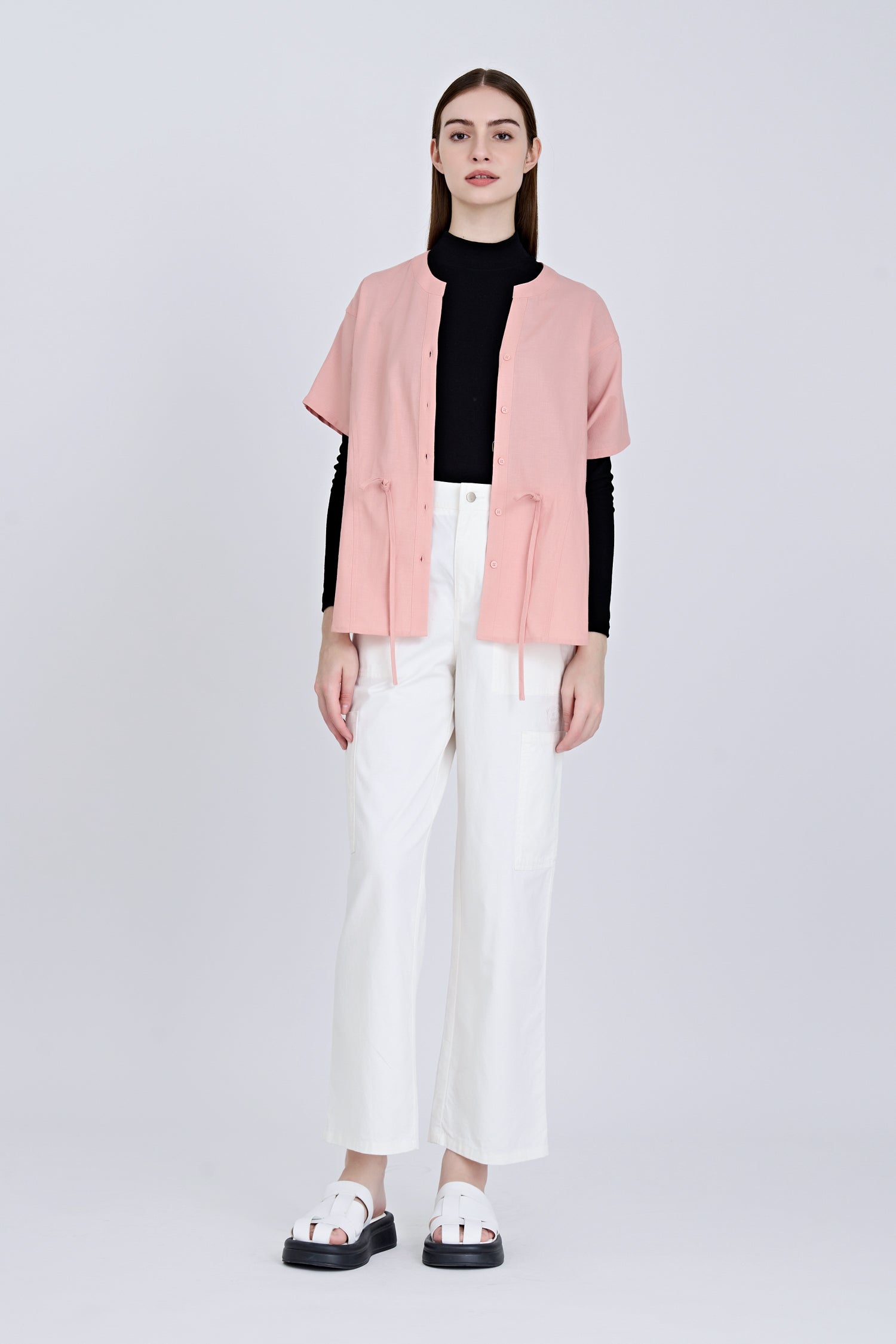 Wide Cut Drawstring Blouse - Blush