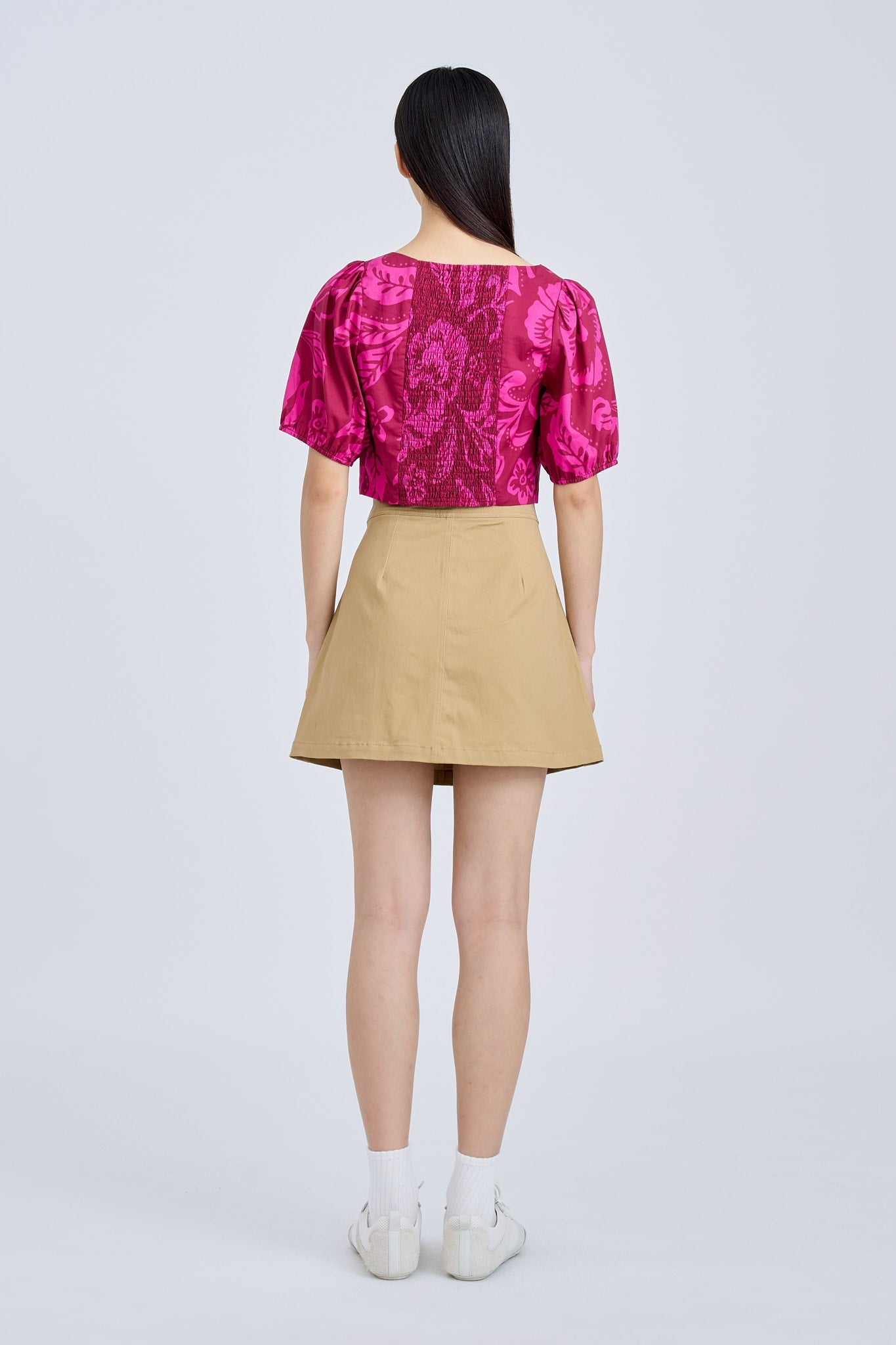 Floral Puff Sleeve Cropped Top - Floral Maroon