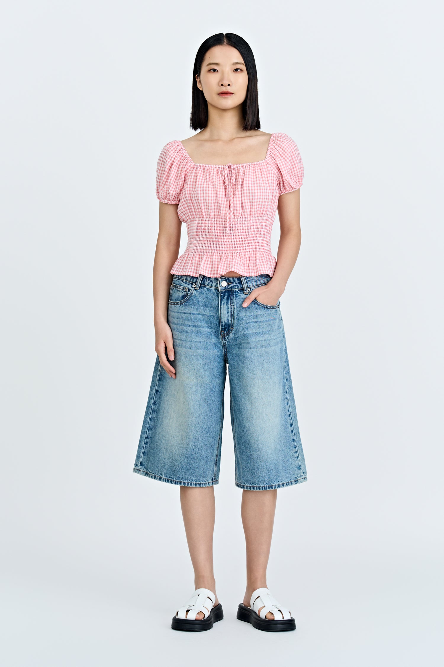 Checkered Gathered Blouse - Checkered Blush