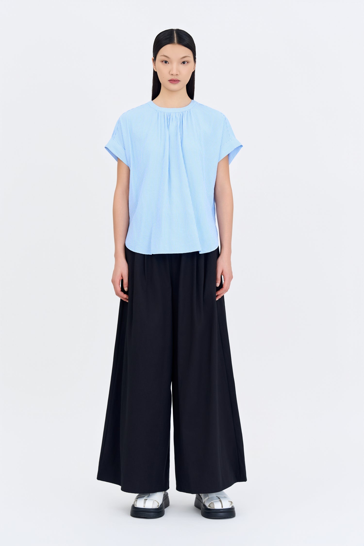 Gathered Neck Blouse - Stripes Blue