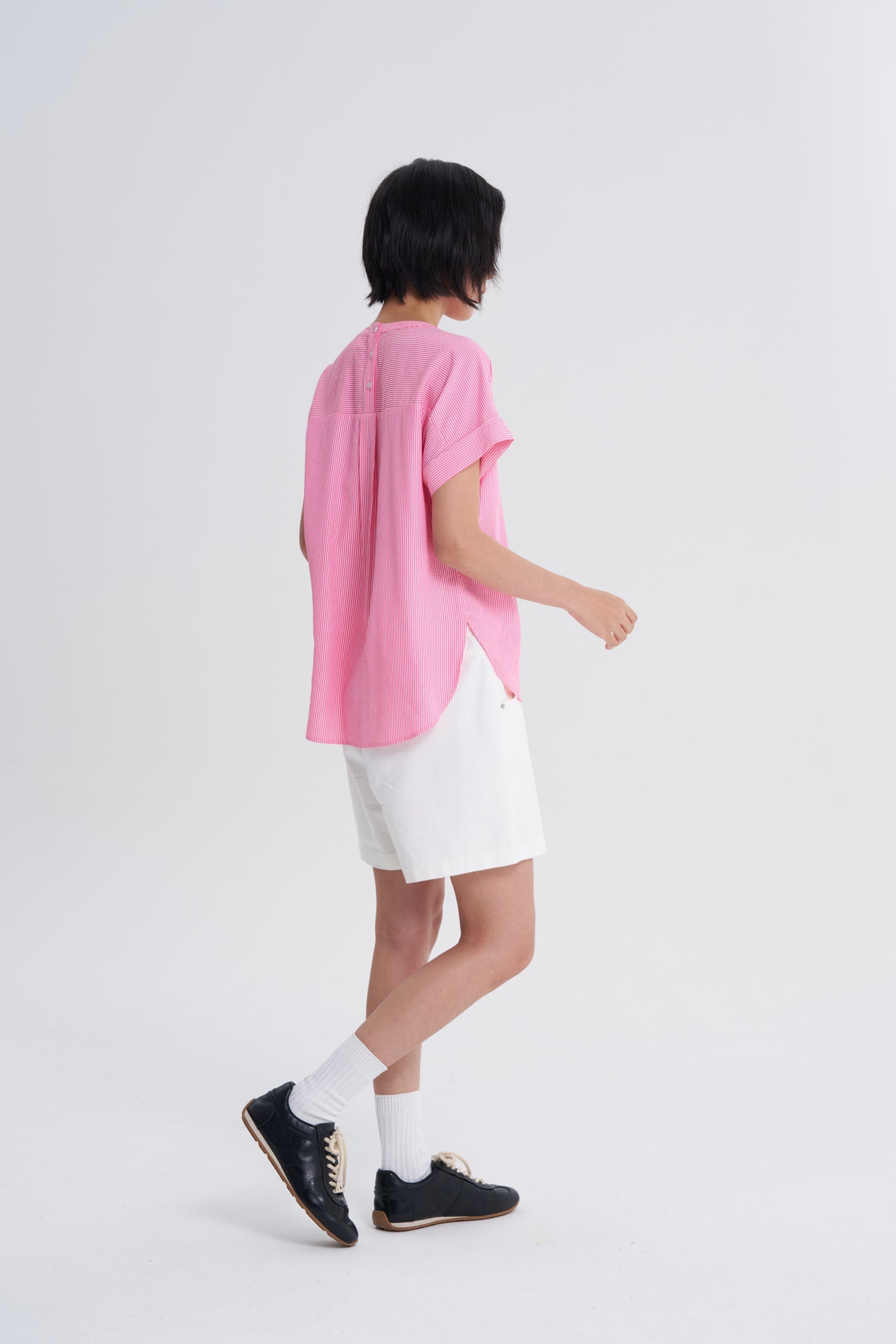 Gathered Neck Blouse - Stripes Red