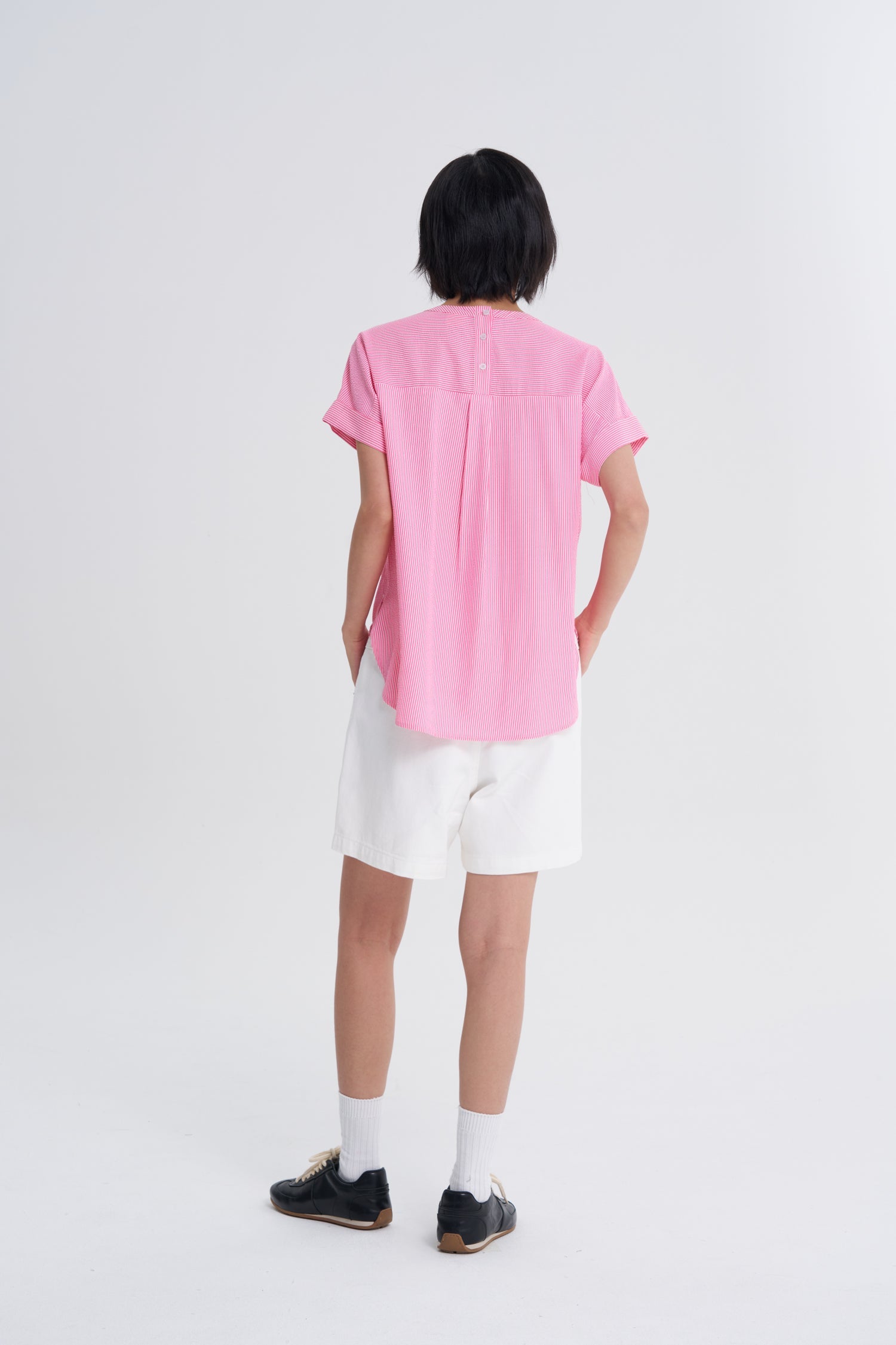 Gathered Neck Blouse - Stripes Red