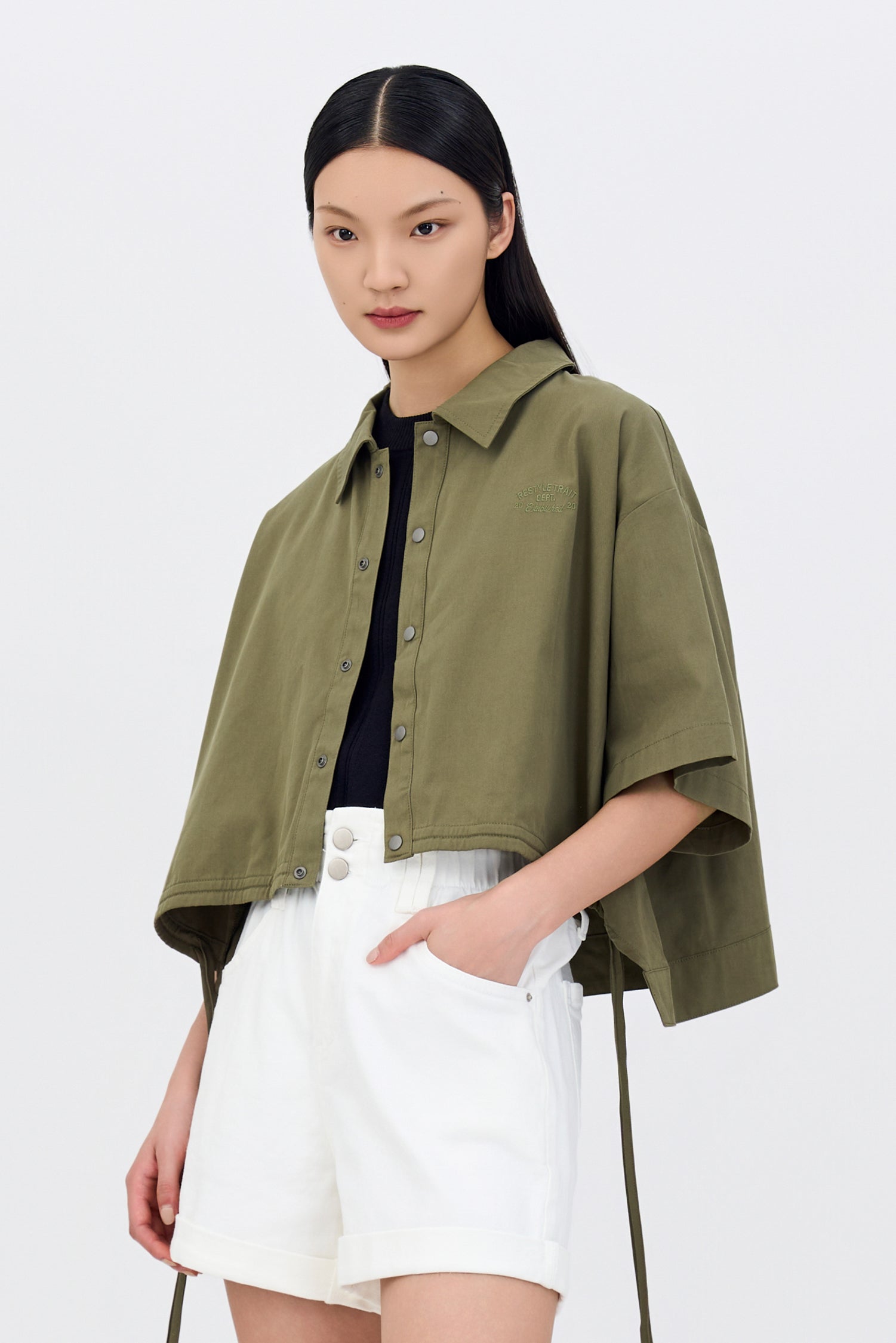 Drawstring Hem Blouse - Khaki Green
