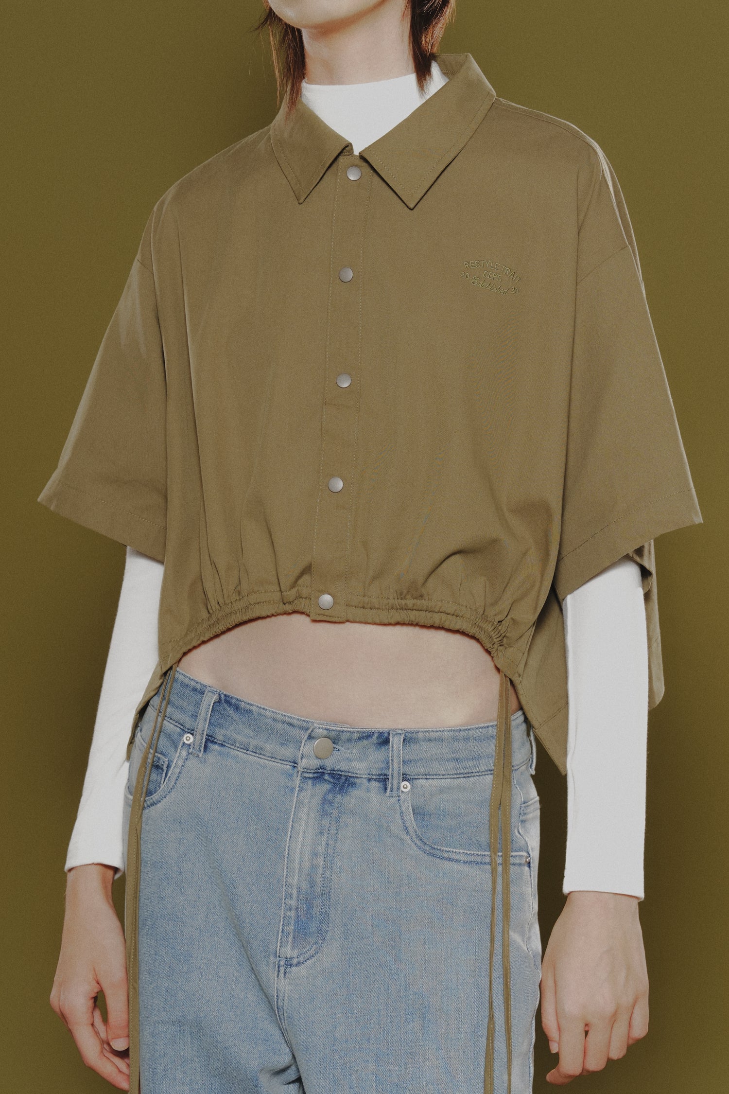 Drawstring Hem Blouse - Khaki Green