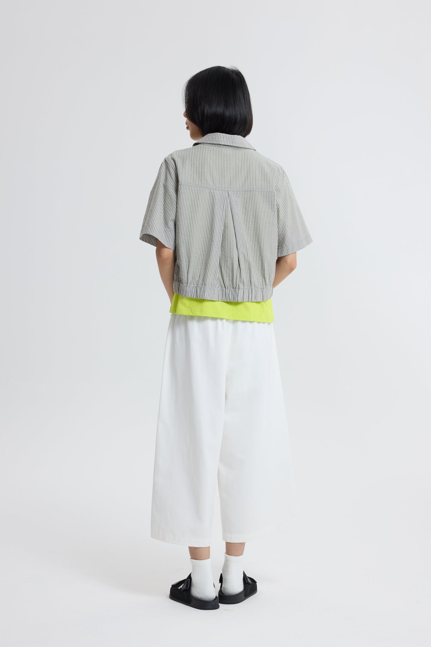 Collared Blouse with Elastic Hem - Stripes Sage