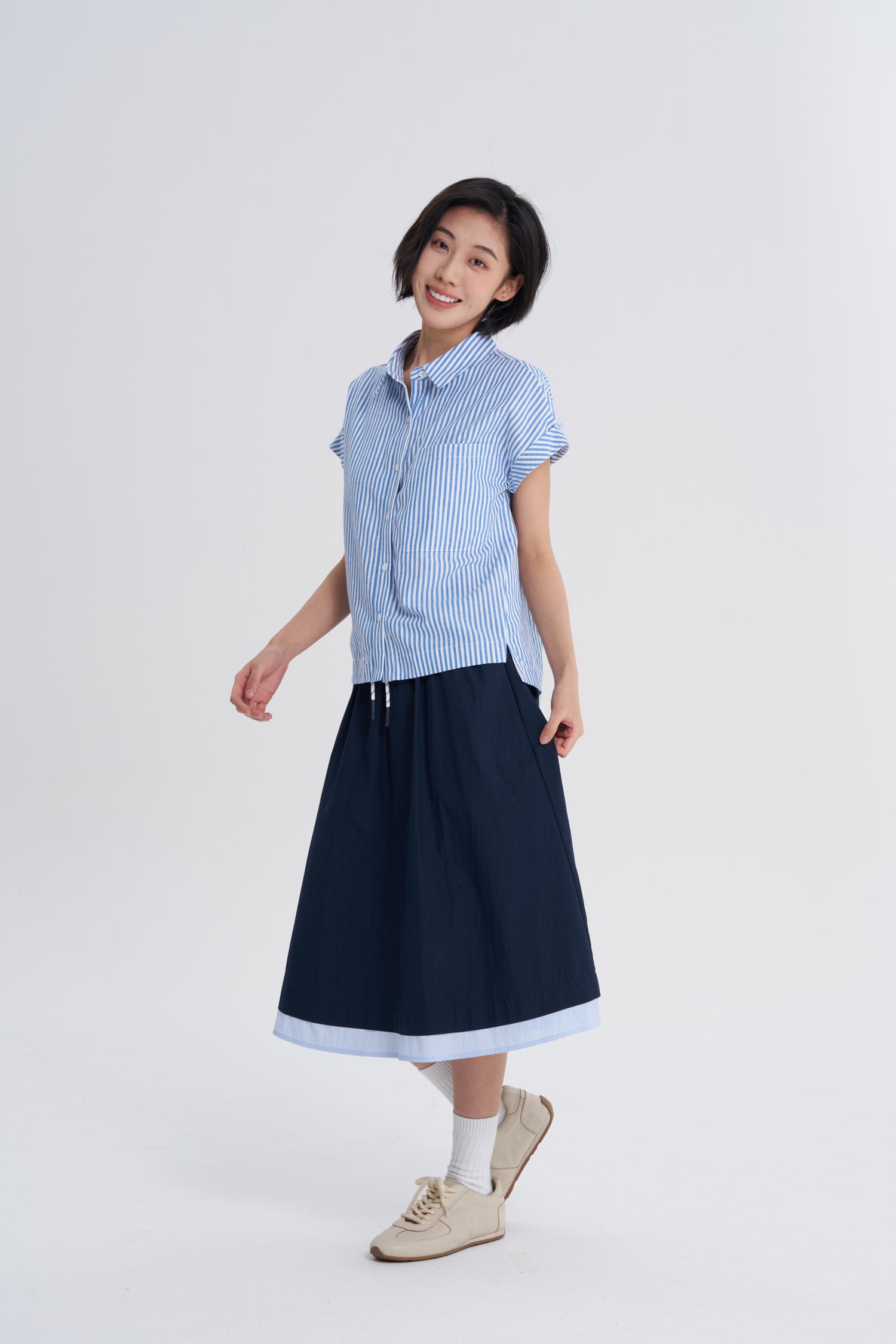 Striped Cap Sleeve Blouse - Stripes Blue