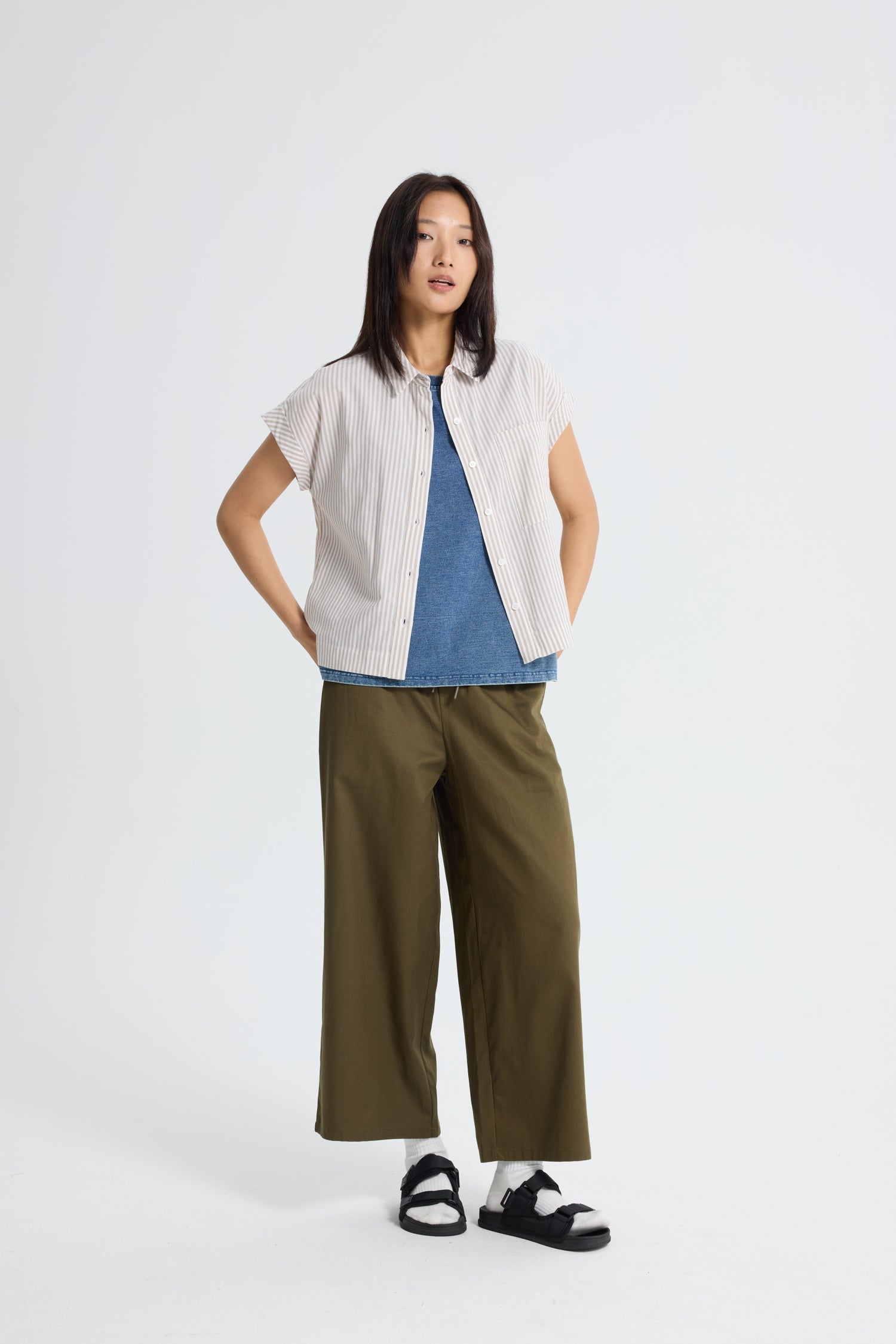 Striped Cap Sleeve Blouse - Stripes Khaki