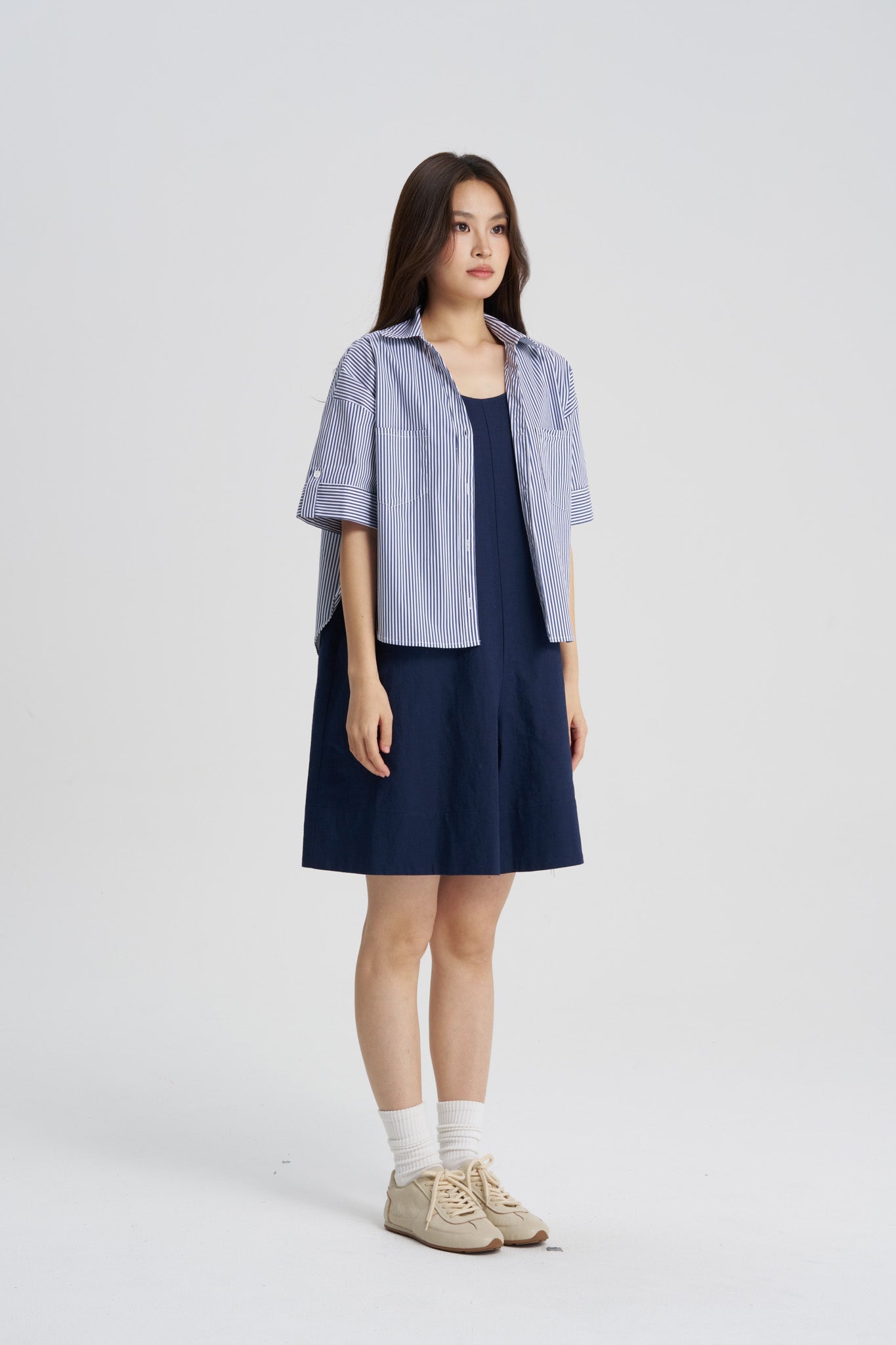 Striped Short Sleeve Blouse - Striped Navy