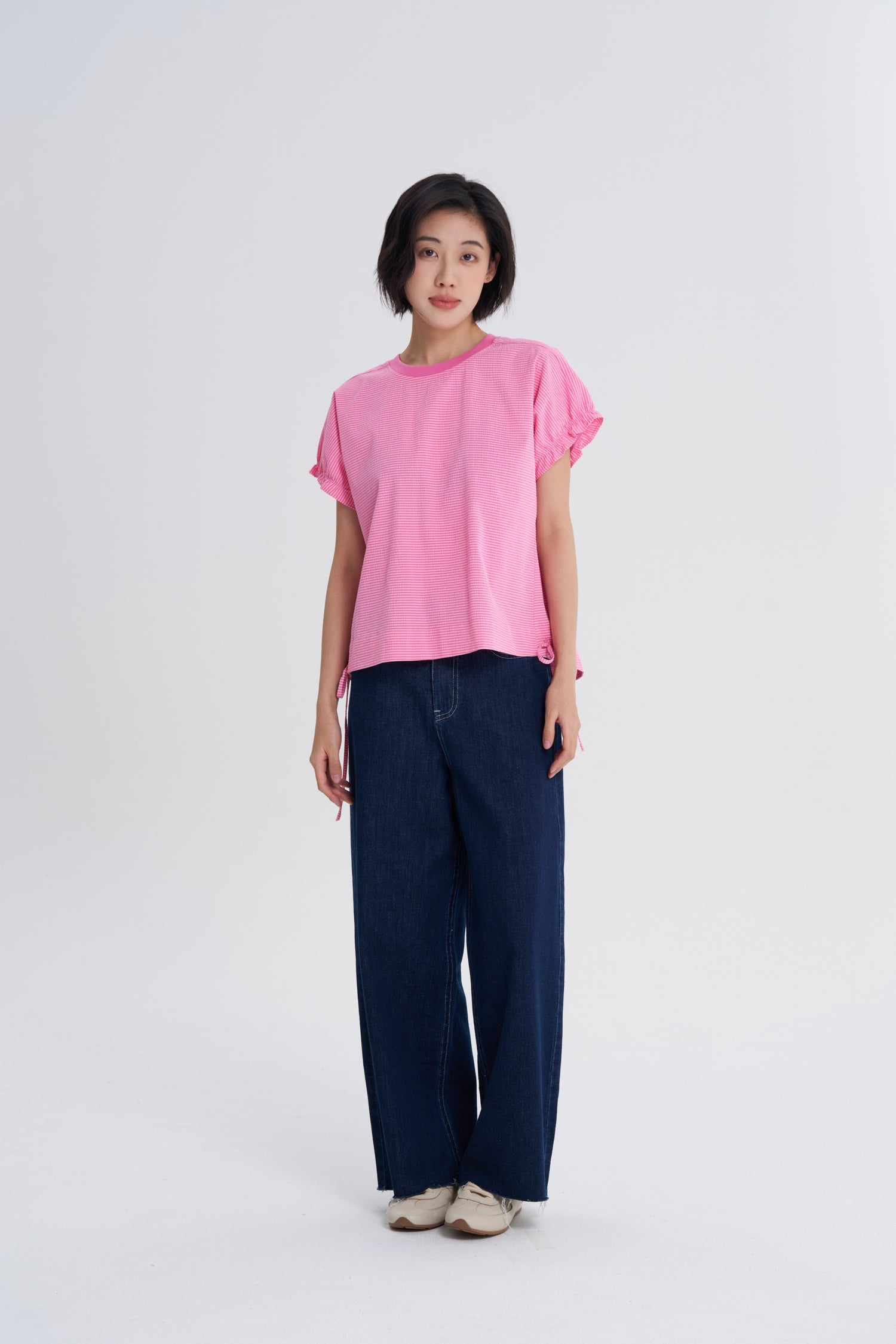 Striped Gathered Sleeve Blouse - Stripes Pink