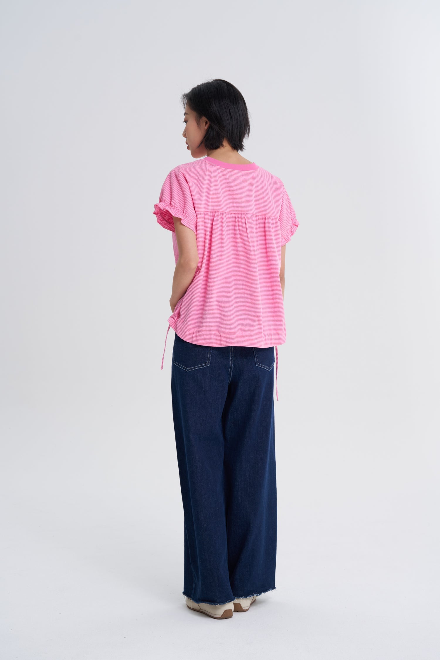 Striped Gathered Sleeve Blouse - Stripes Pink
