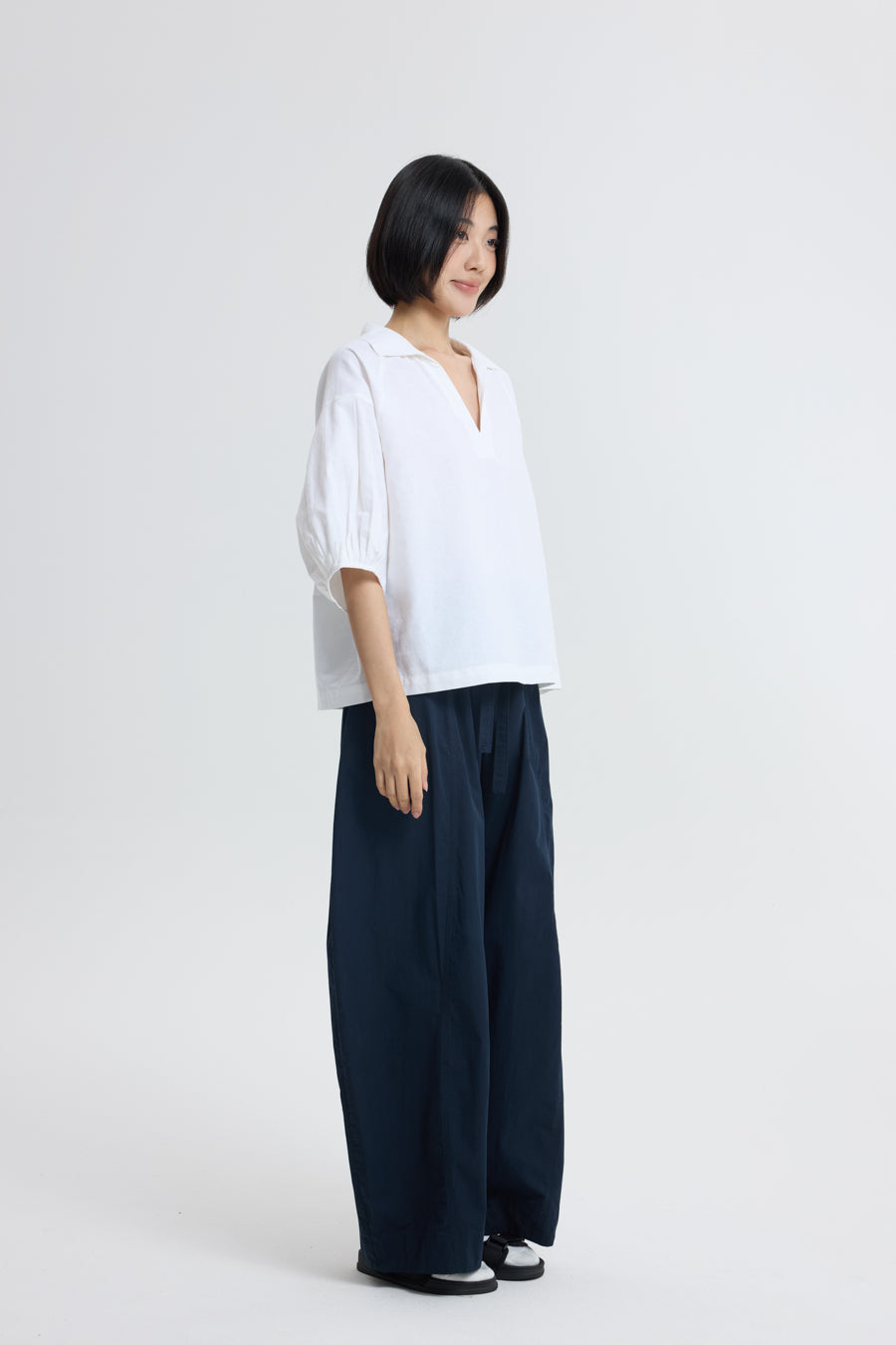 V-Neck Collared Blouse - Cream