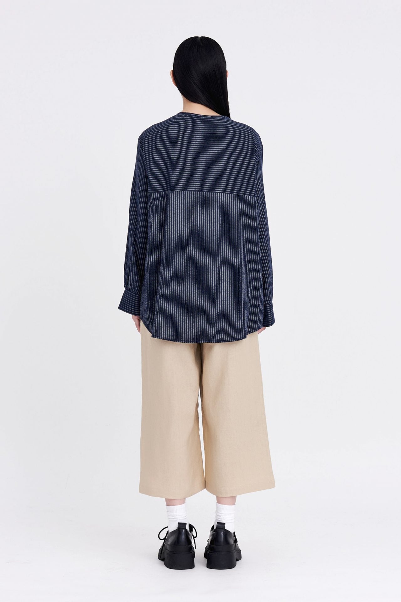 Striped Long Sleeve Blouse - Navy