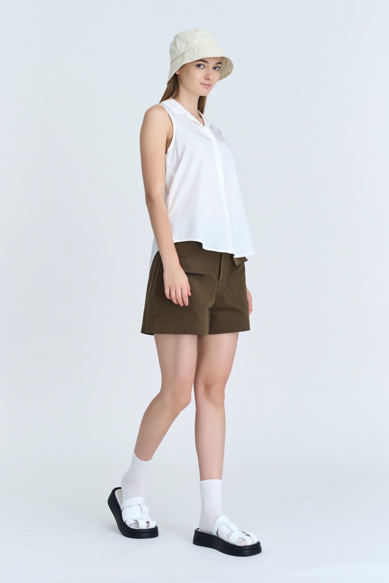 Notched Collar Sleeveless Blouse - Cream