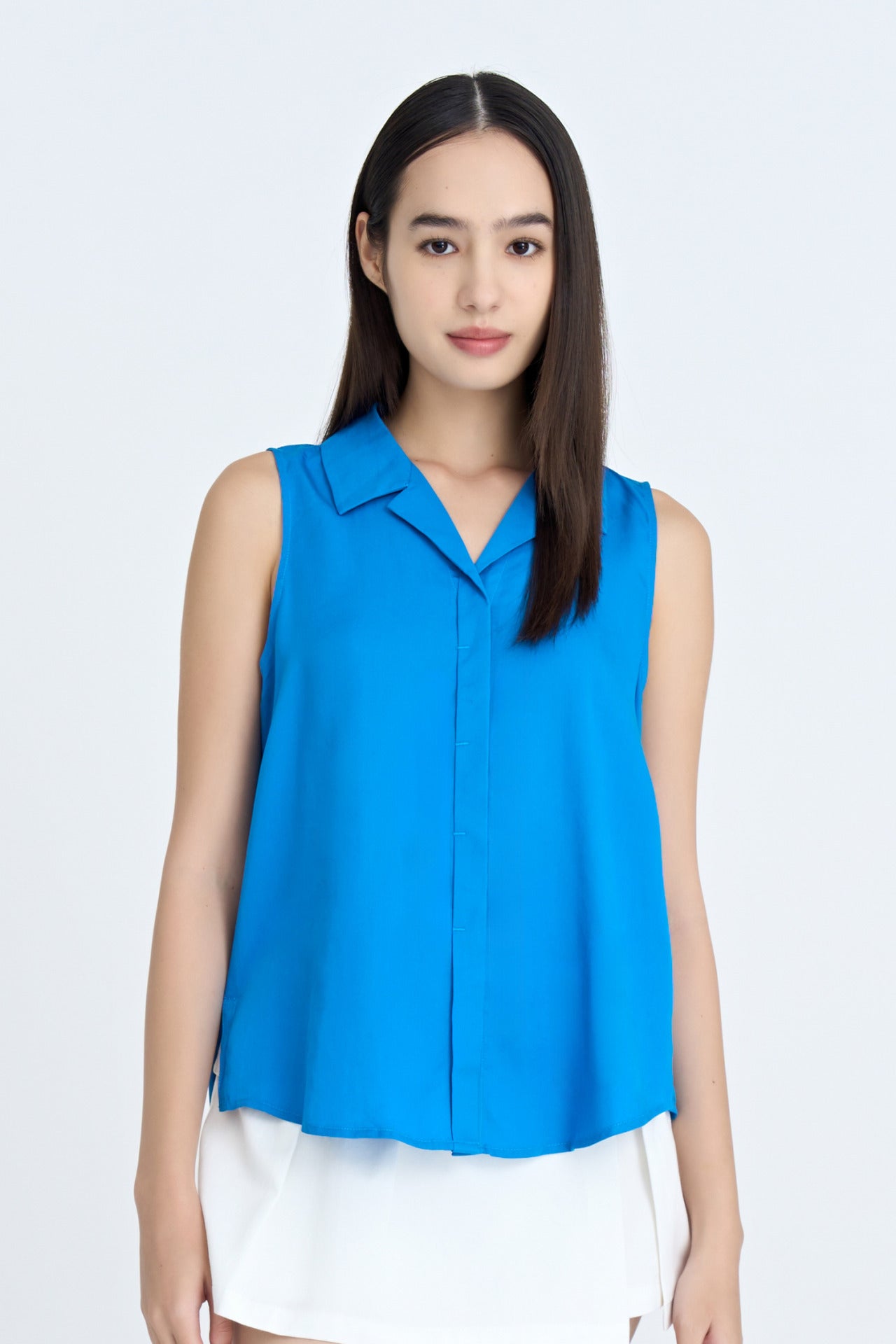 Notched Collar Sleeveless Blouse - Deep Sky Blue