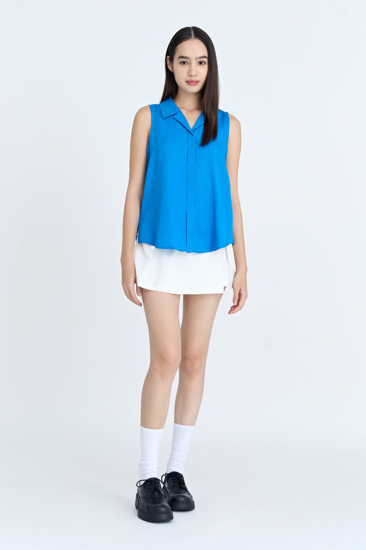 Notched Collar Sleeveless Blouse - Deep Sky Blue