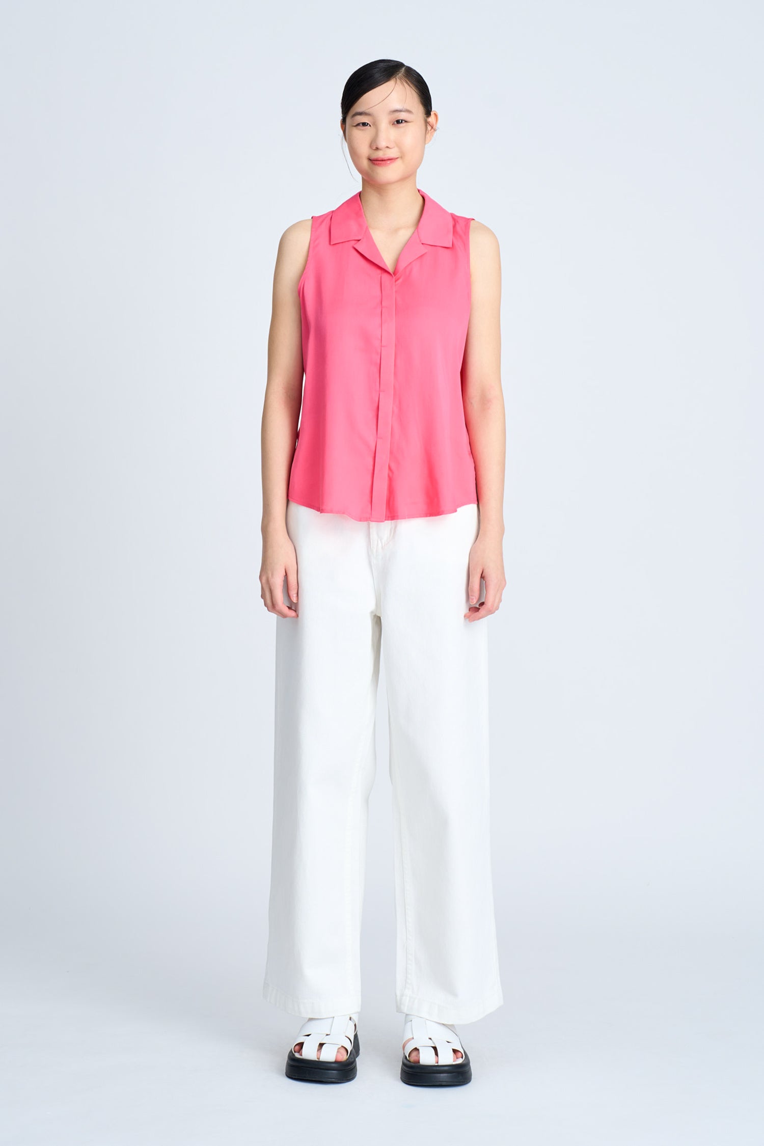Notched Collar Sleeveless Blouse - Hot Pink