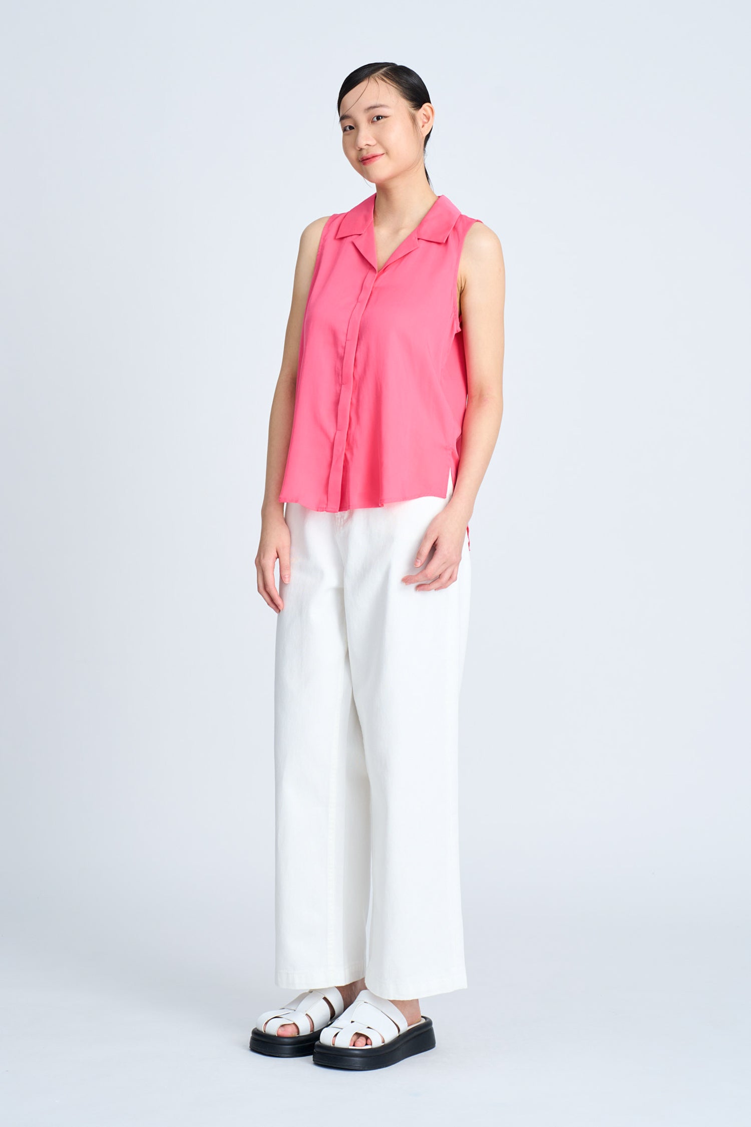 Notched Collar Sleeveless Blouse - Hot Pink