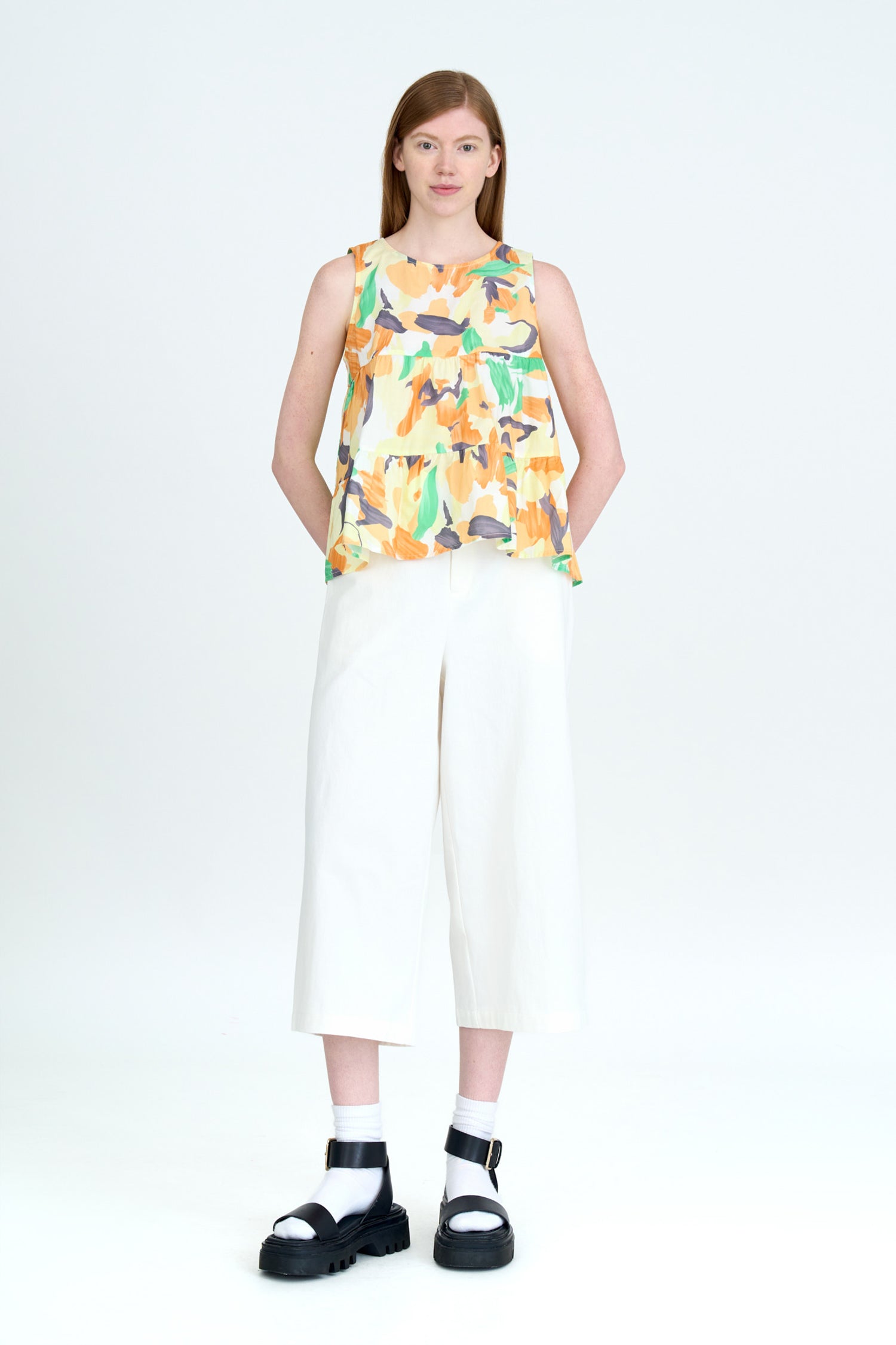 Floral Tiered Sleeveless Blouse - Floral Canary