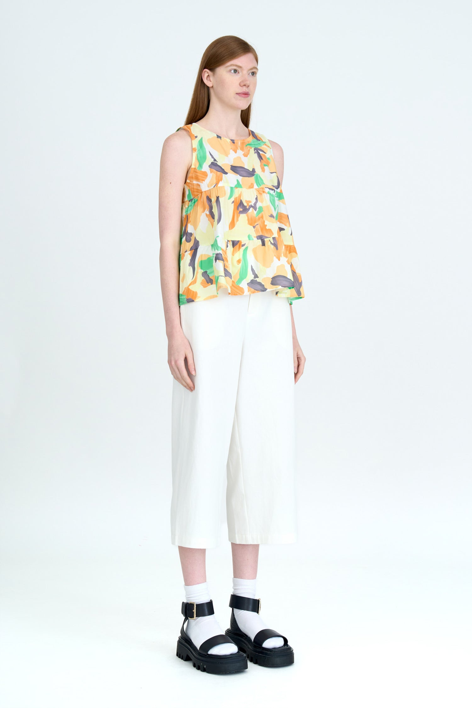 Floral Tiered Sleeveless Blouse - Floral Canary