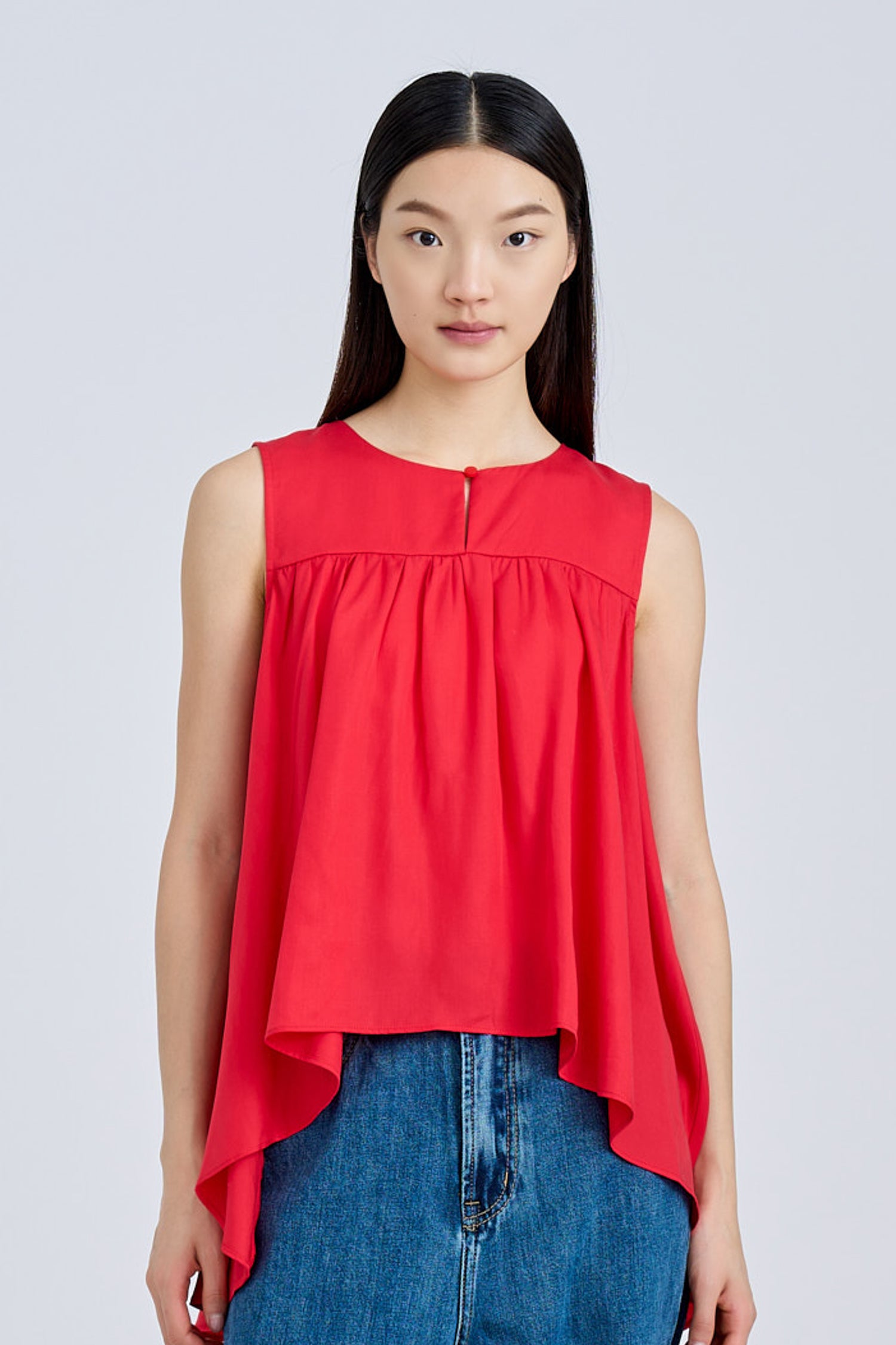 Sleeveless Gathered Flare Blouse - Red