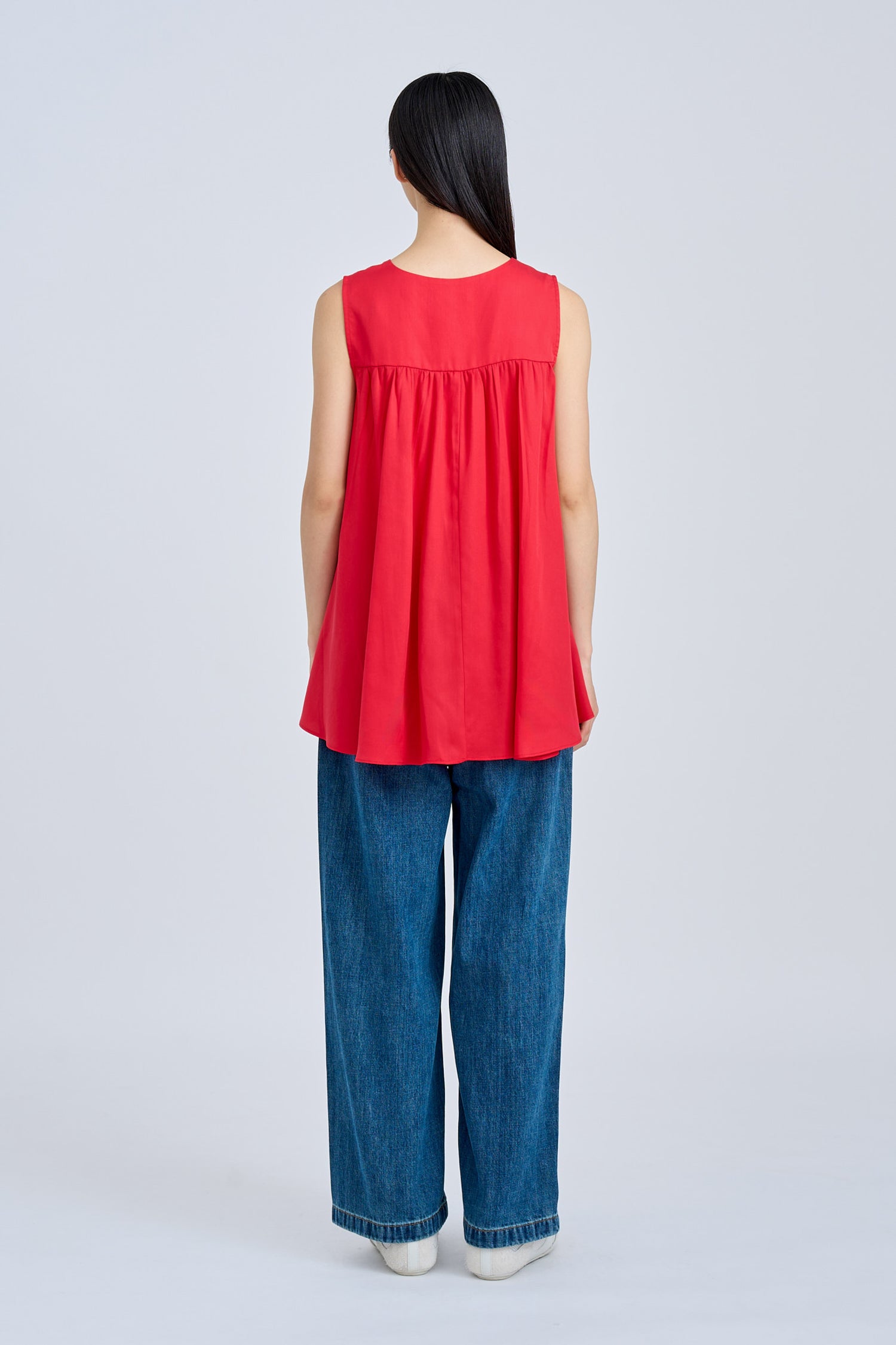 Sleeveless Gathered Flare Blouse - Red