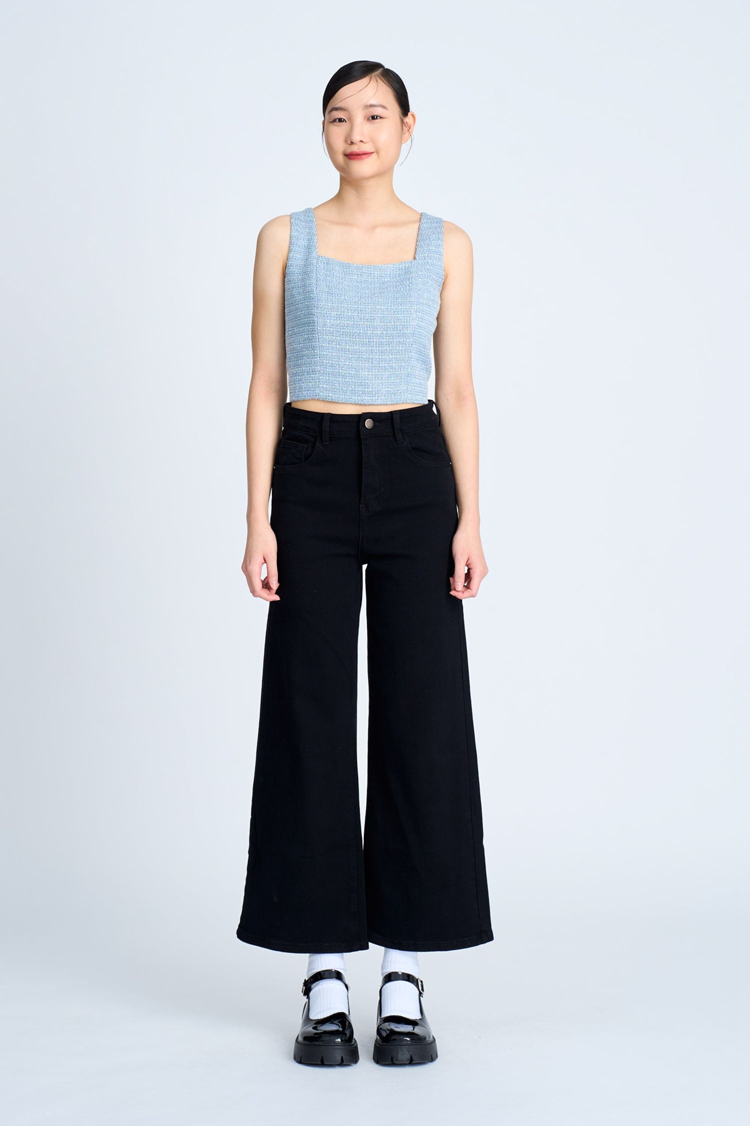 Tweed Square Neck Top - Dusty Blue
