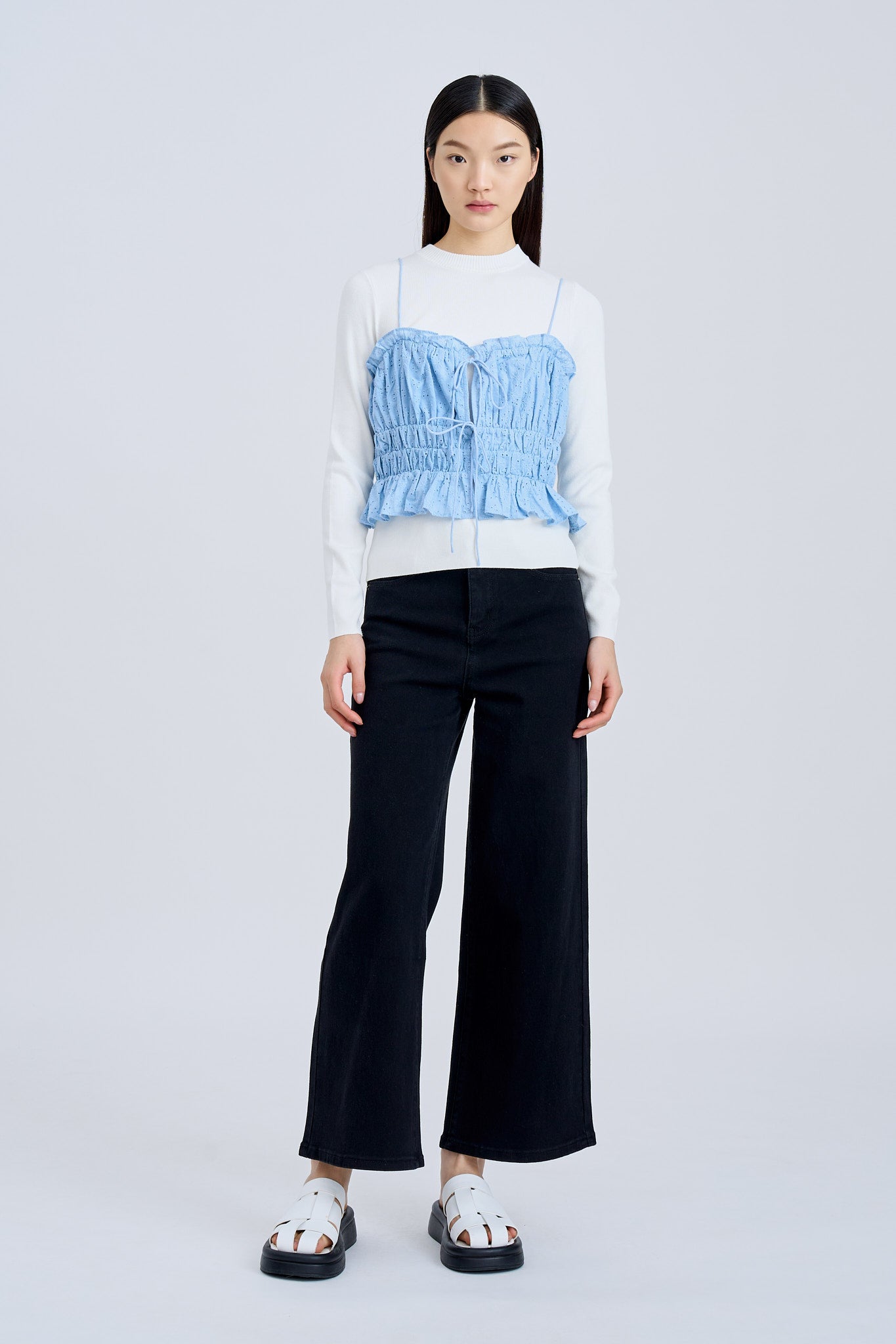 Ruffle Elasticised Ruched Top - Sky Blue