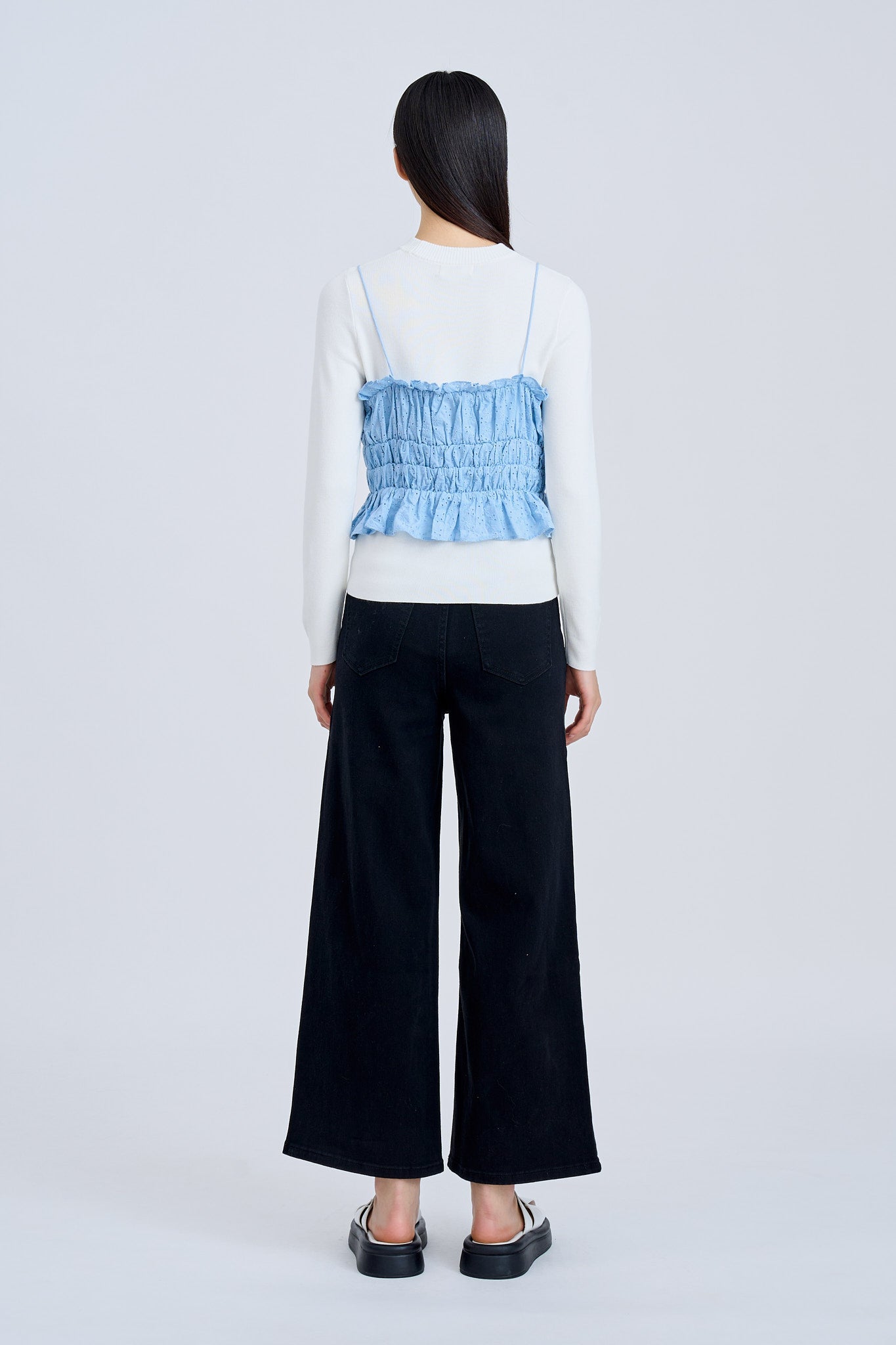 Ruffle Elasticised Ruched Top - Sky Blue