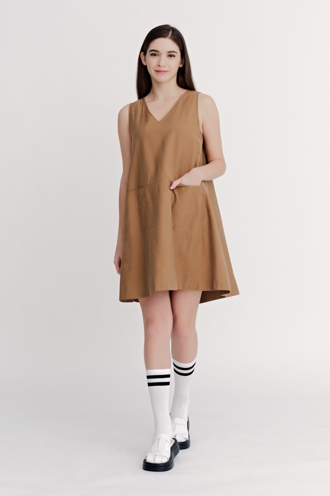V-Neckline Sleeveless Dress - Cocoa