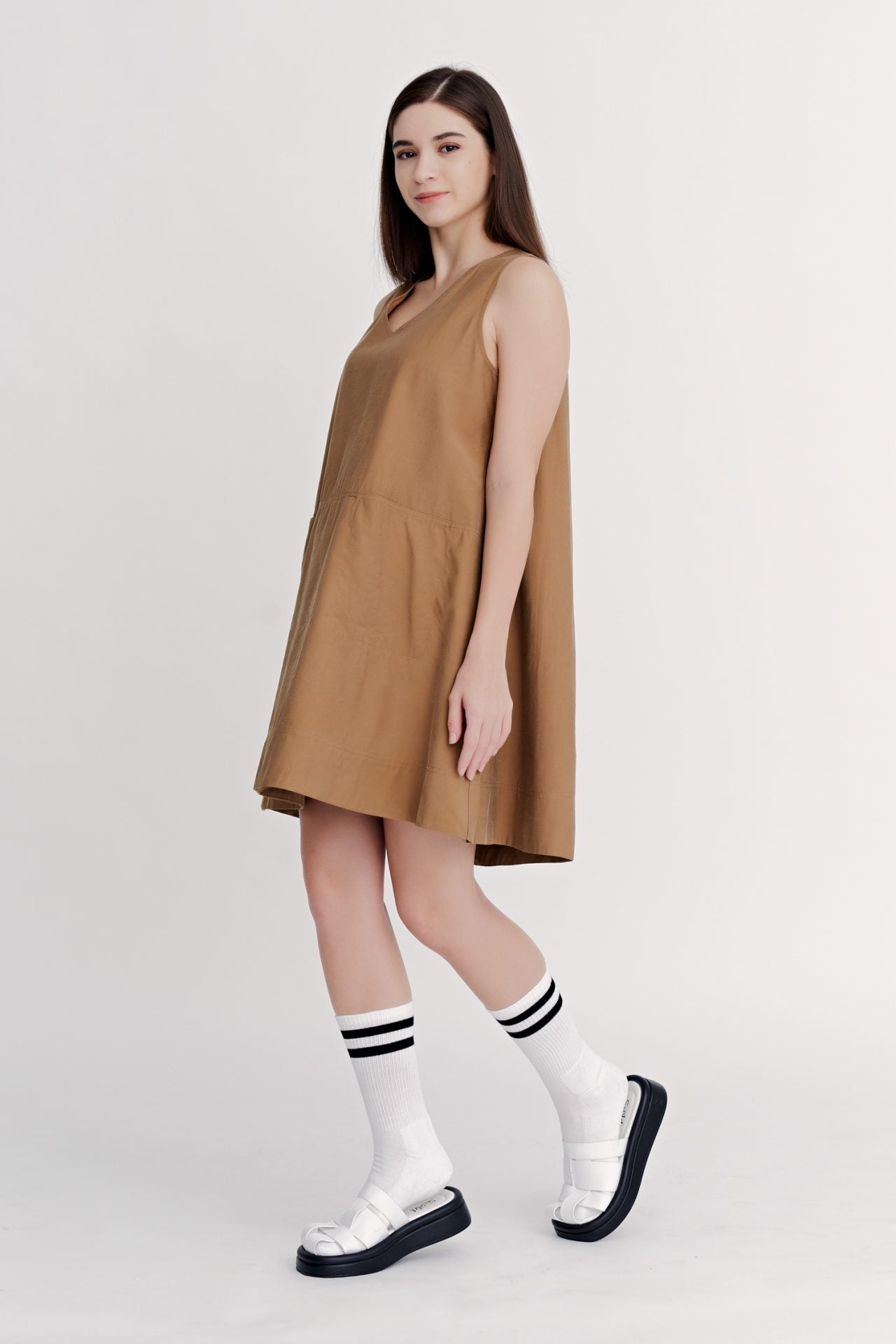 V-Neckline Sleeveless Dress - Cocoa