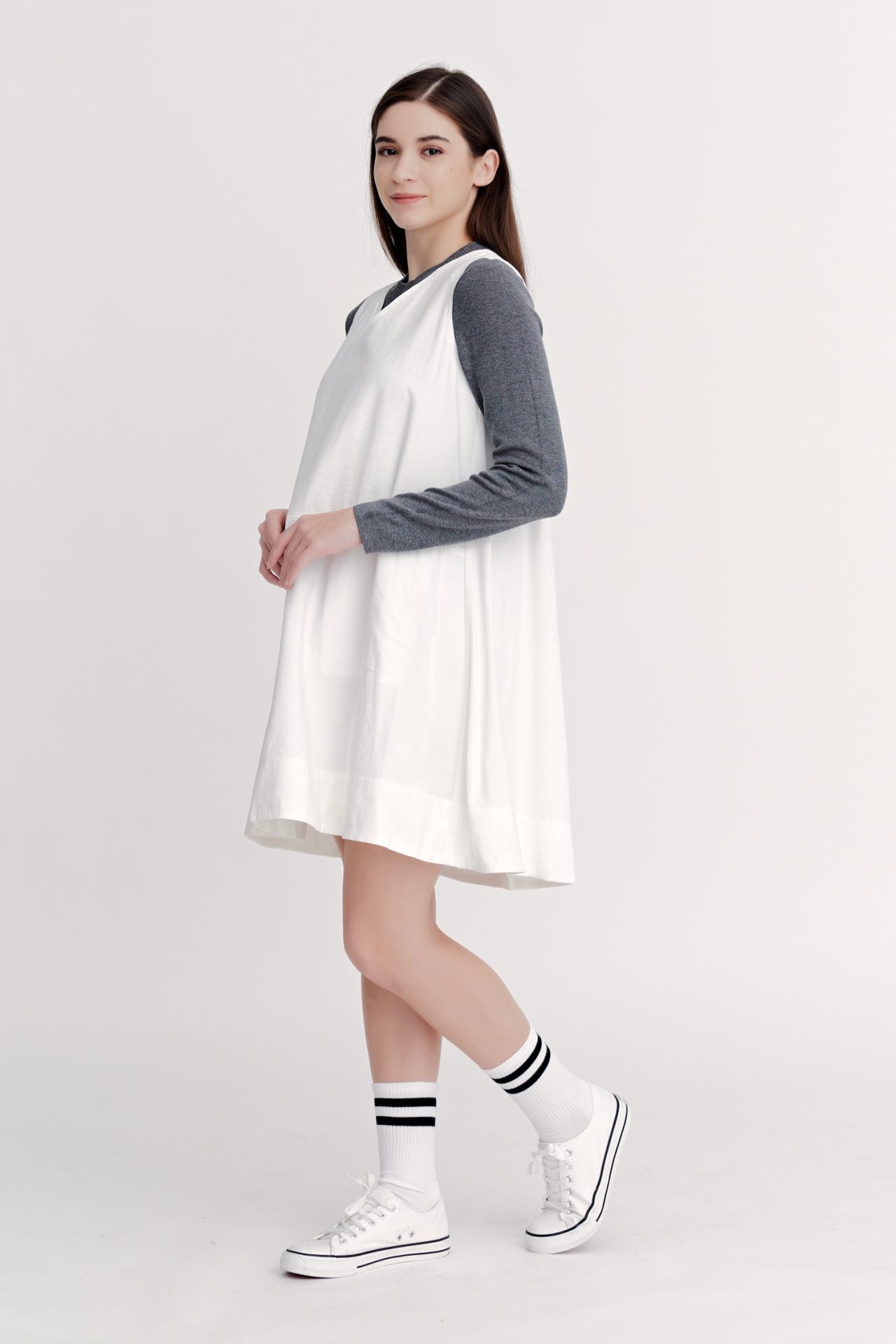 V-Neckline Sleeveless Dress - Cream