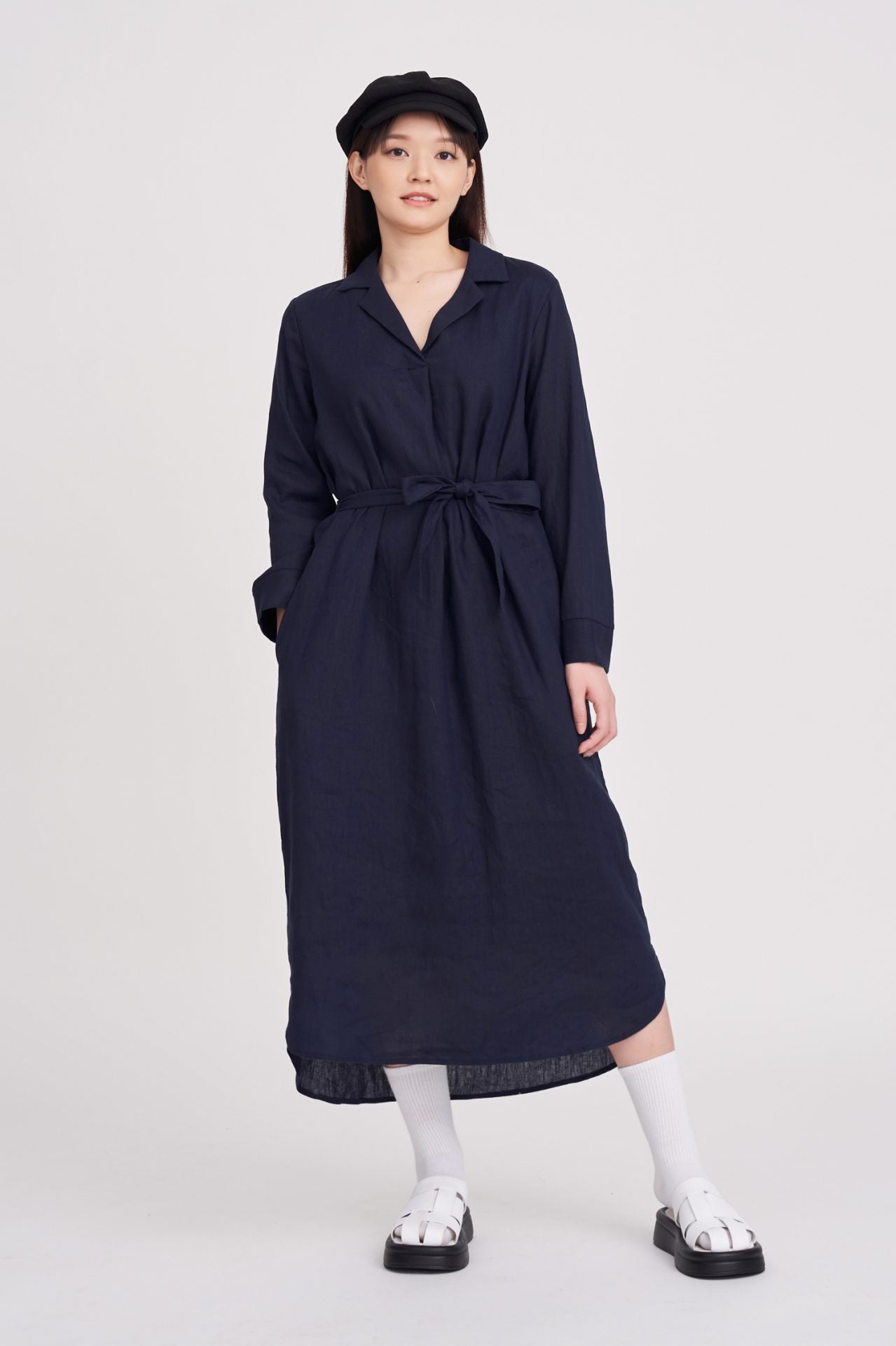 Sleeper Collar Long Sleeve Dress - Navy