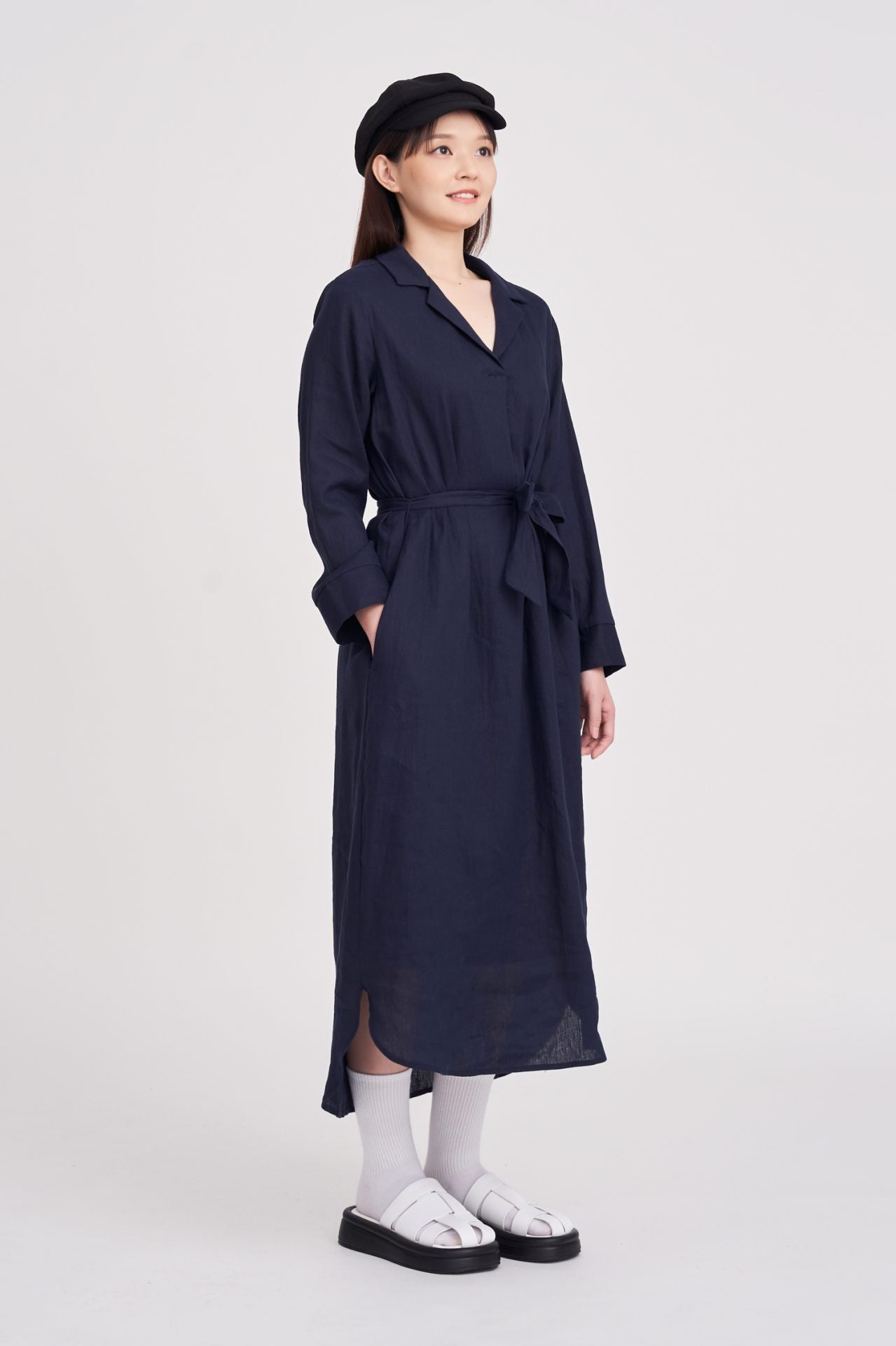 Sleeper Collar Long Sleeve Dress - Navy