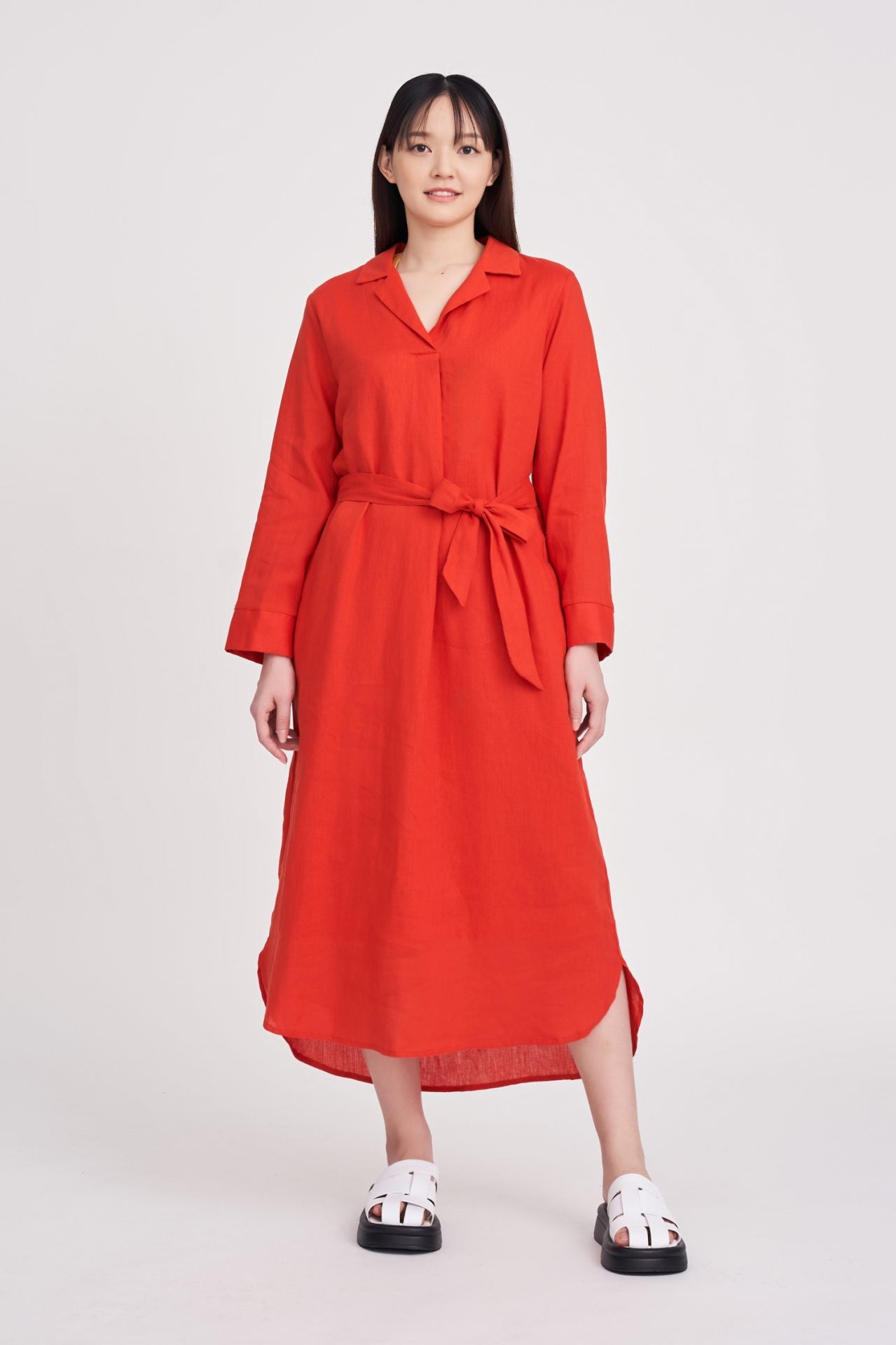 Sleeper Collar Long Sleeve Dress - Vermillion