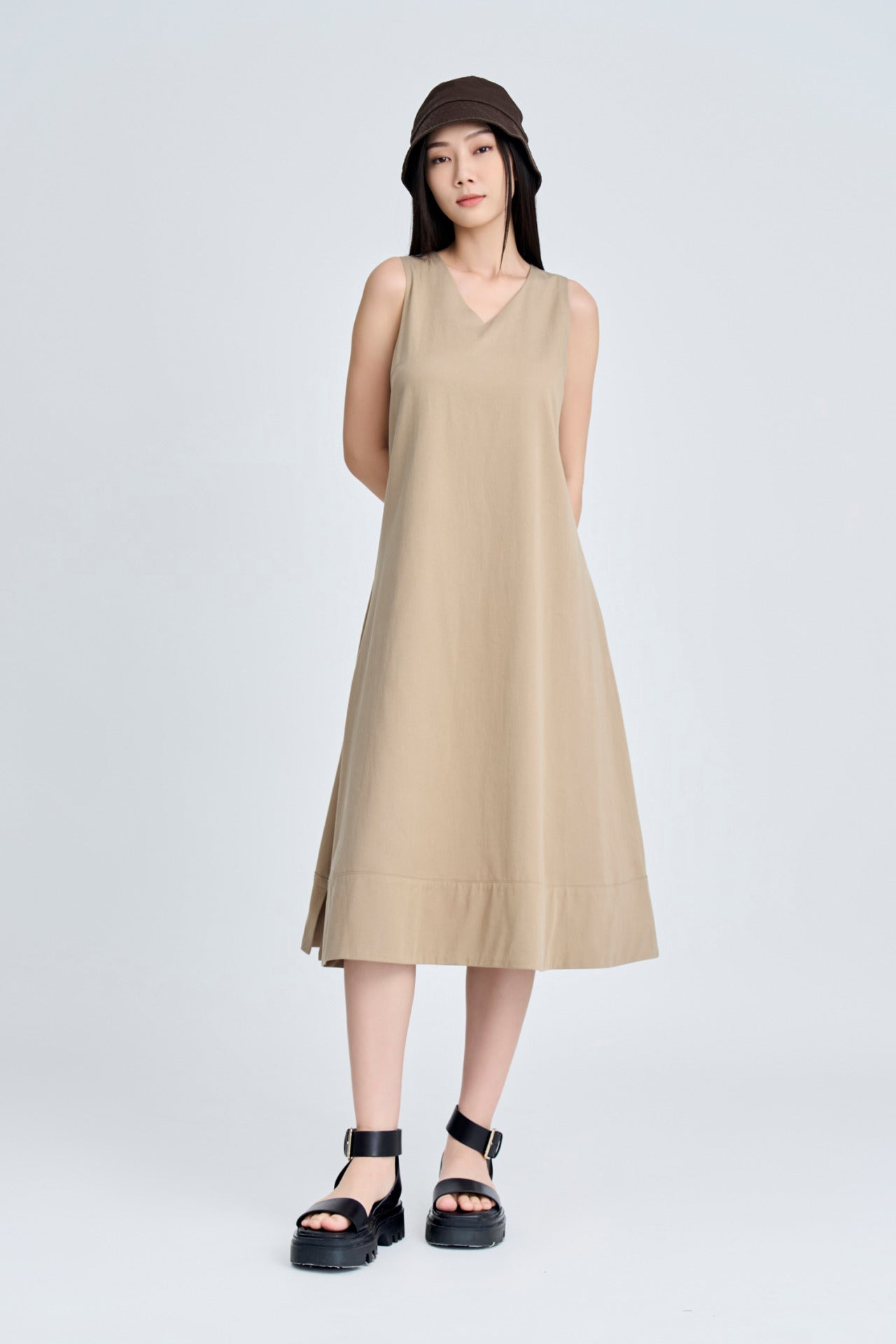 V-Neck Sleeveless Dress - Khaki – The Restyle Trait Malaysia