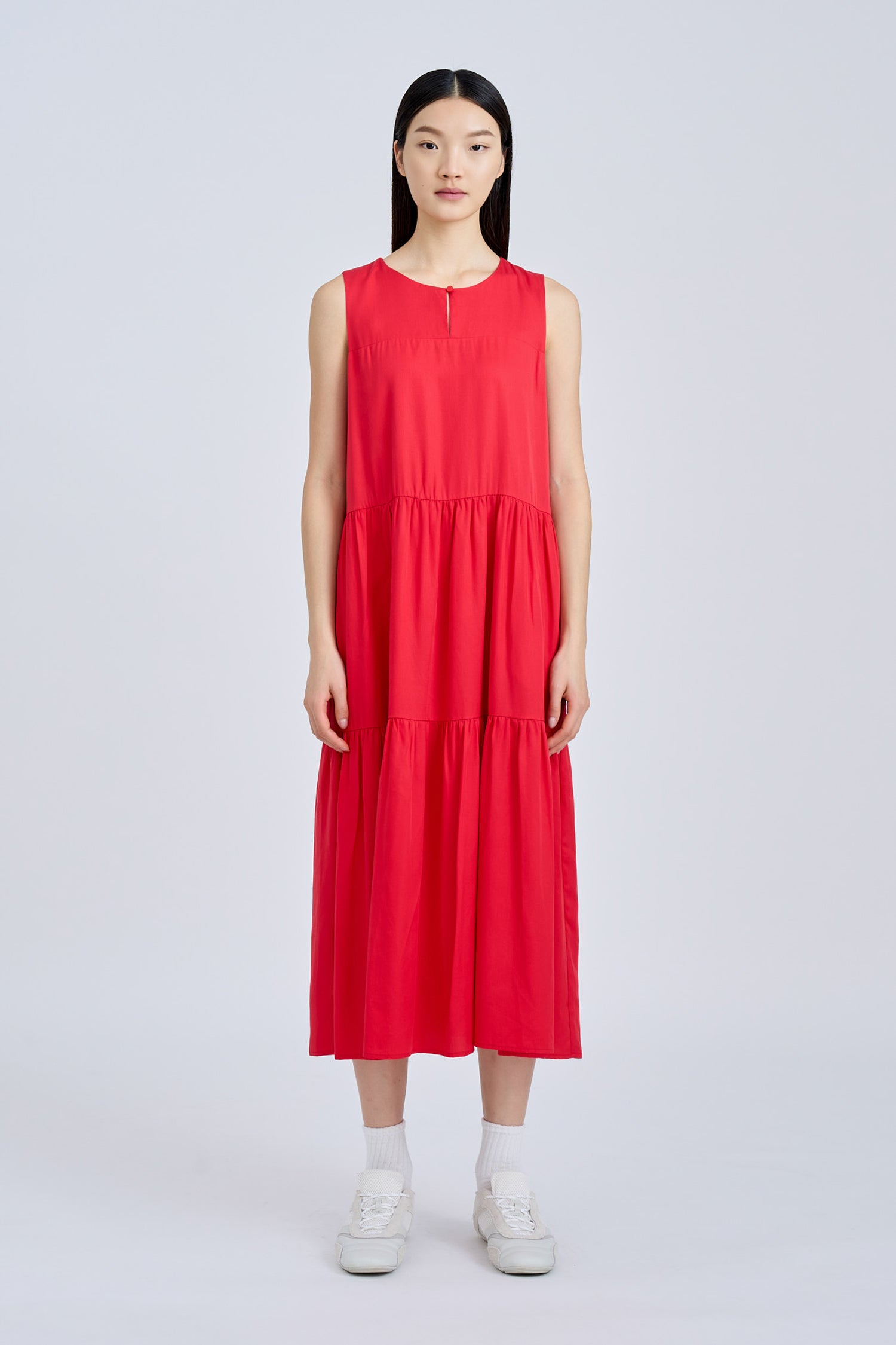 Sleeveless Gathered Tier Dress - Red