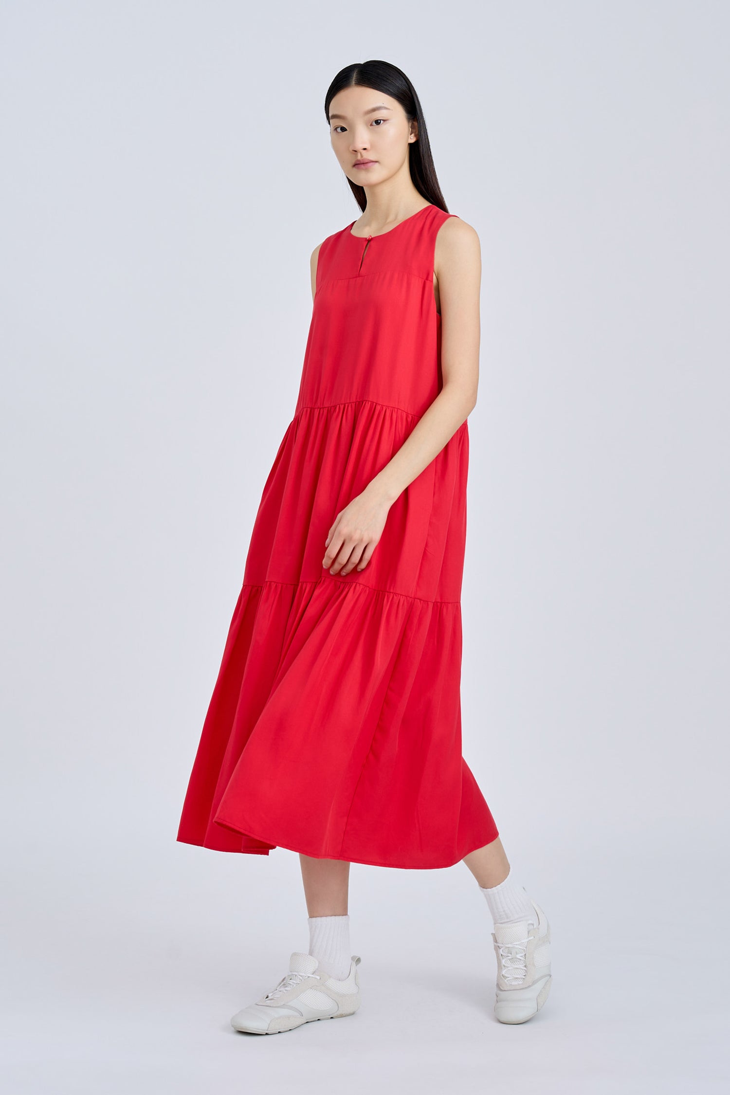 Sleeveless Gathered Tier Dress - Red