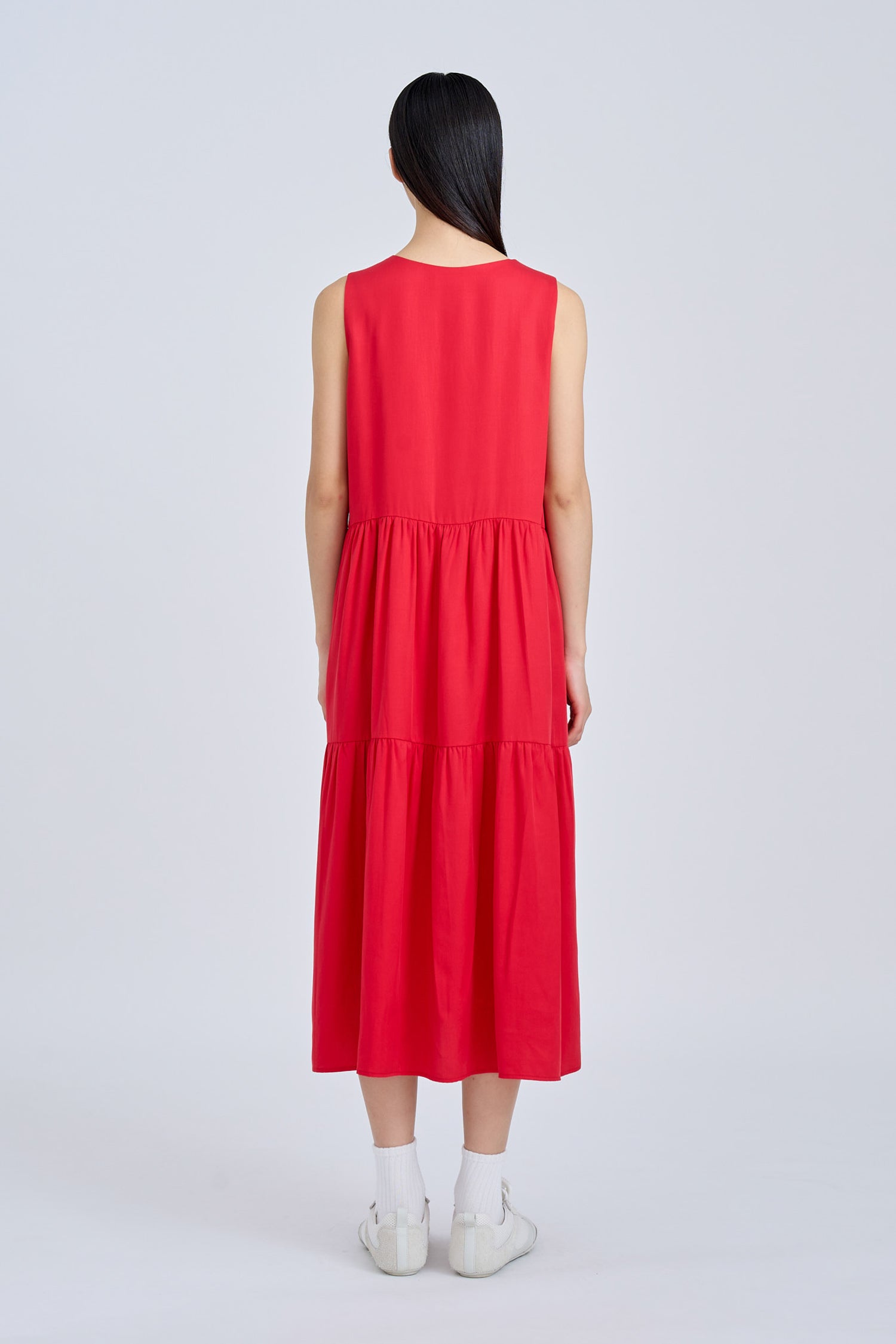 Sleeveless Gathered Tier Dress - Red