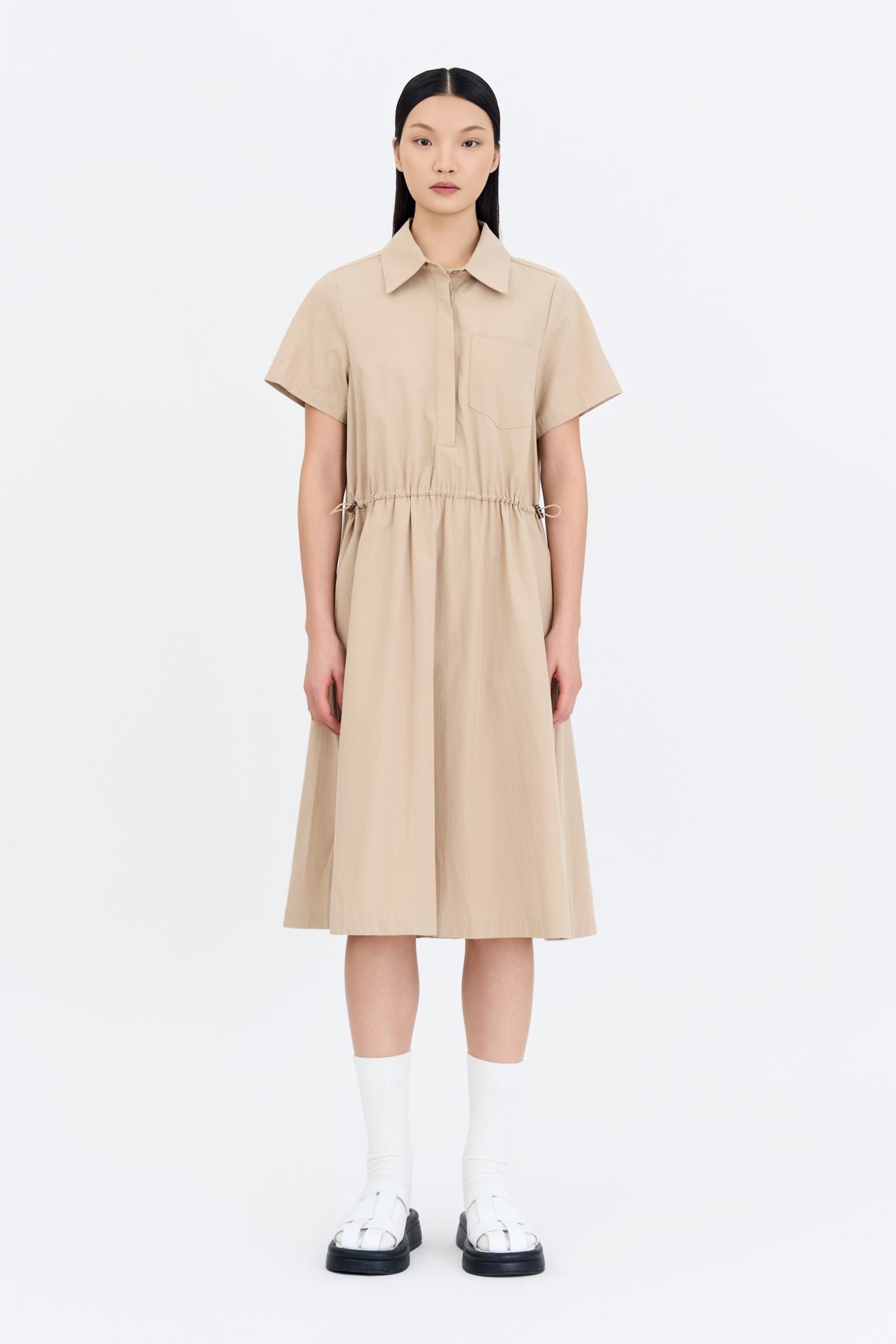 Drawcord Short Sleeve Dress - Khaki