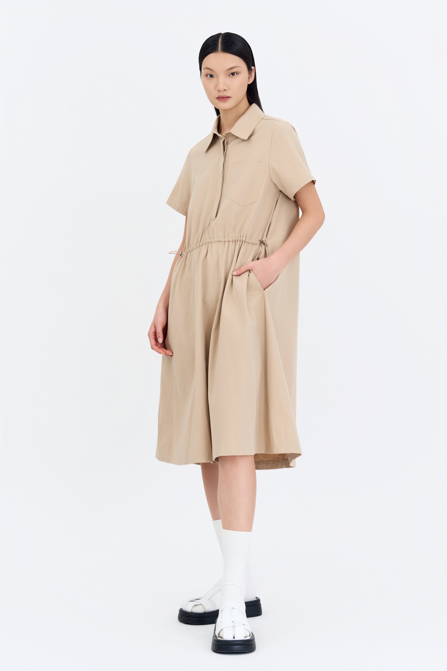 Drawcord Short Sleeve Dress - Khaki