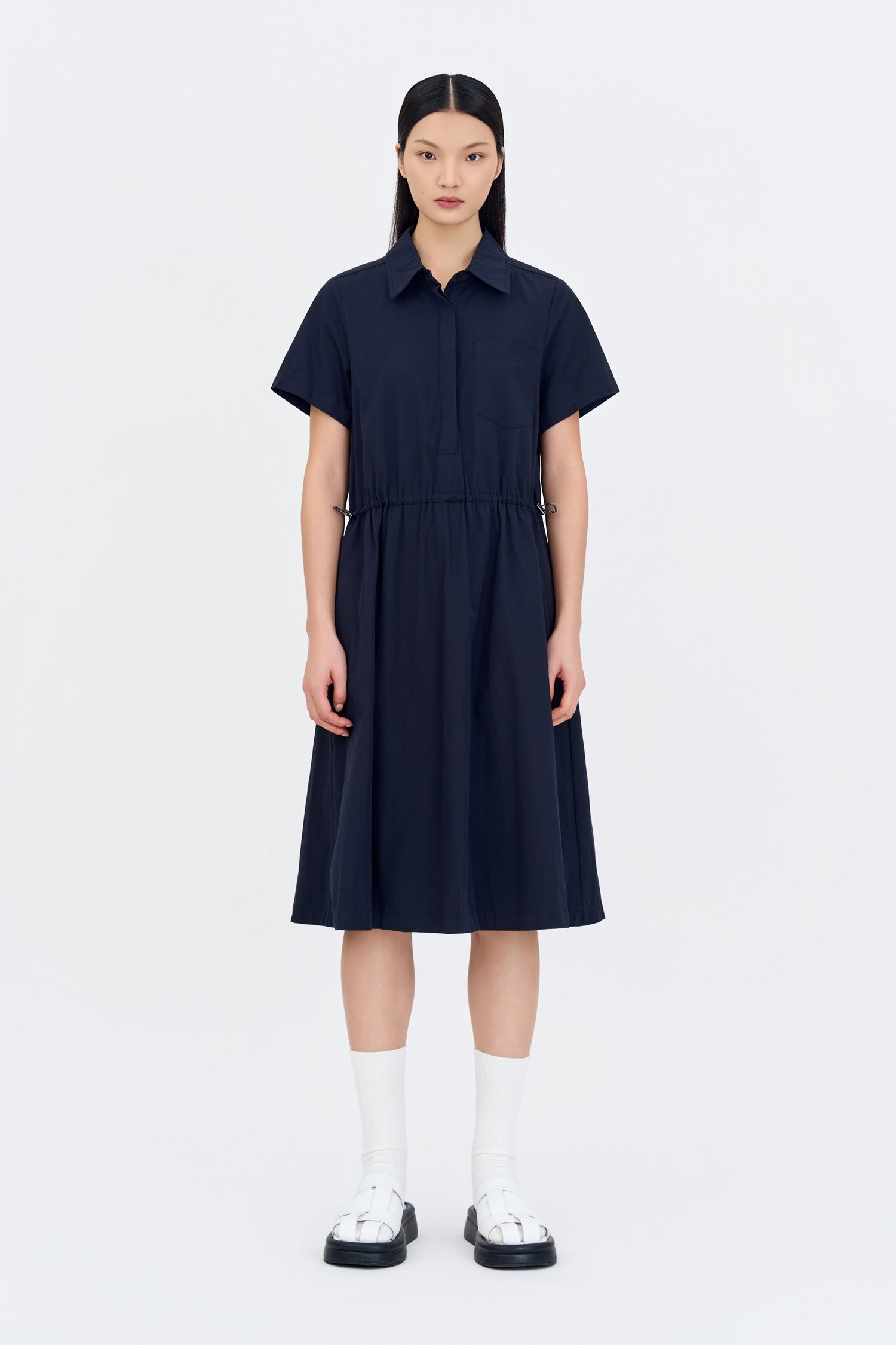 Drawcord Short Sleeve Dress - Navy