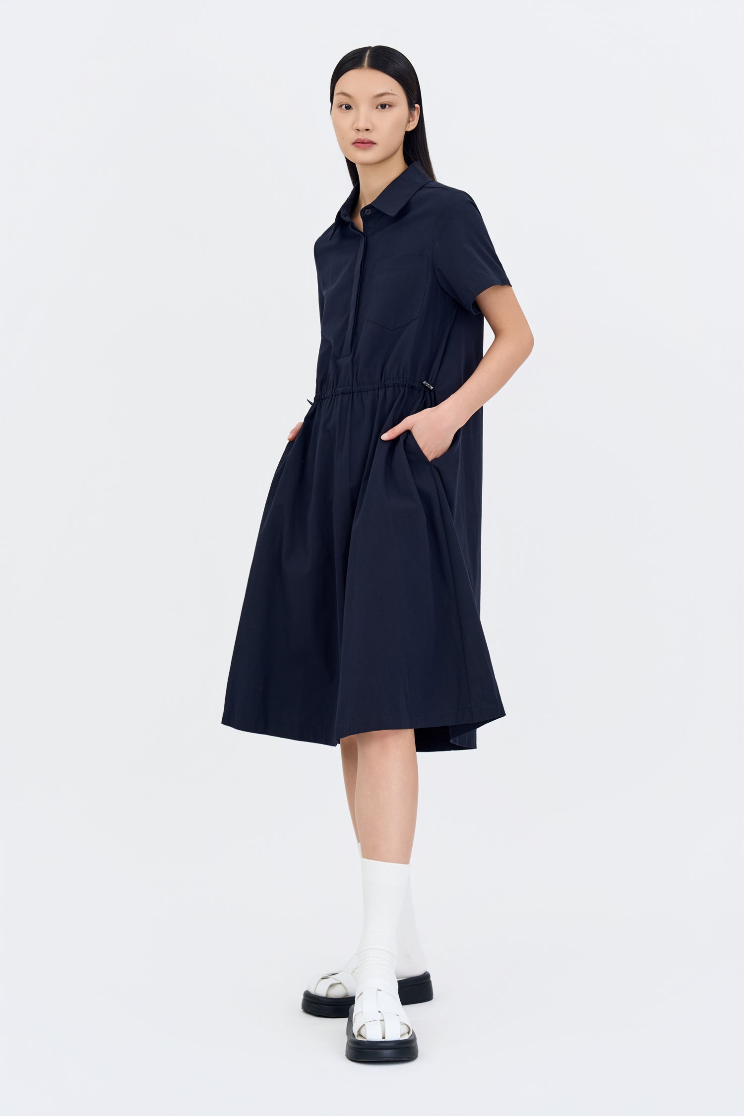 Drawcord Short Sleeve Dress - Navy
